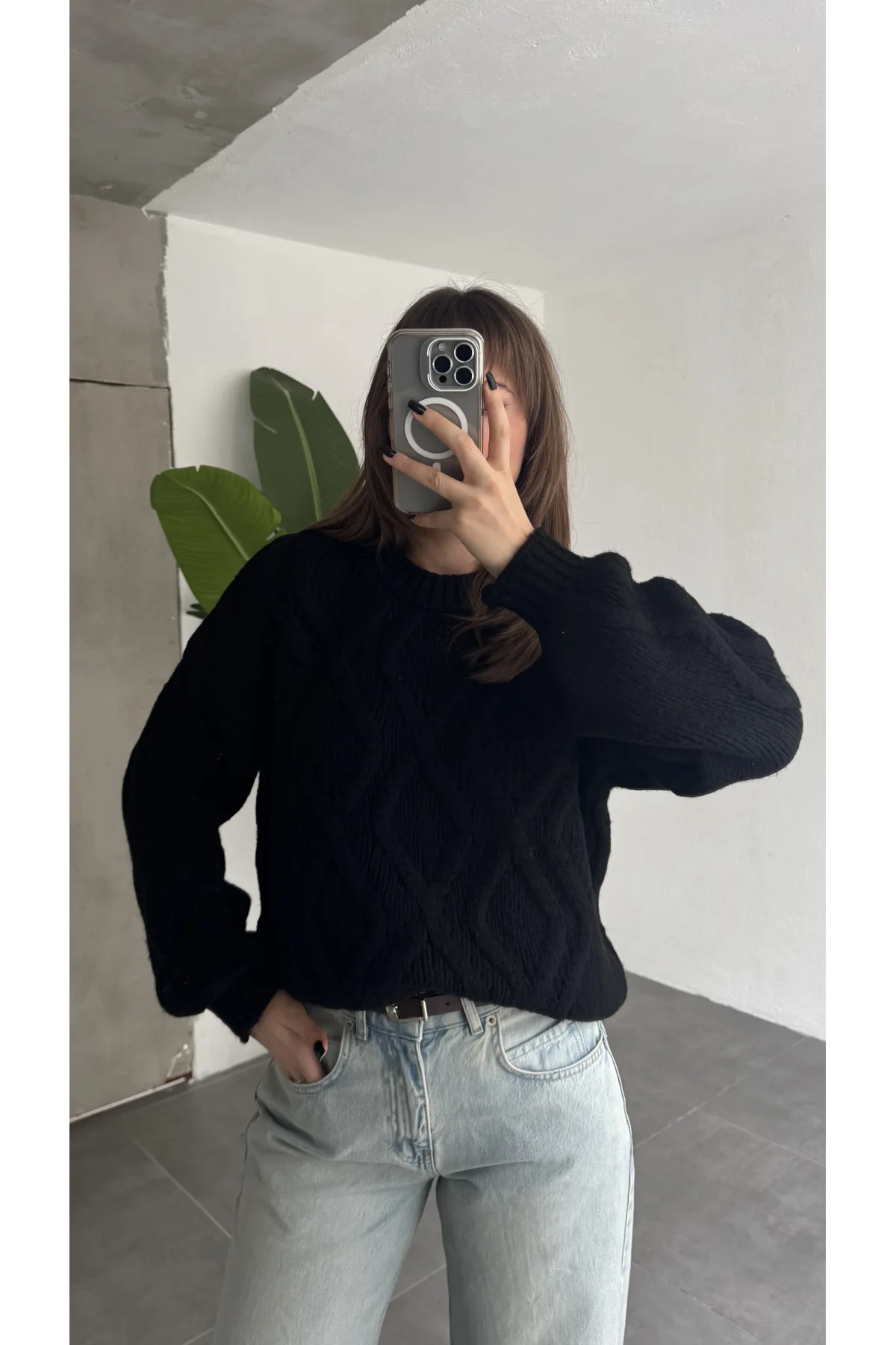 Kadın Siyah Saç Örgü Triko Kazak Bisiklet Yaka Kışlık