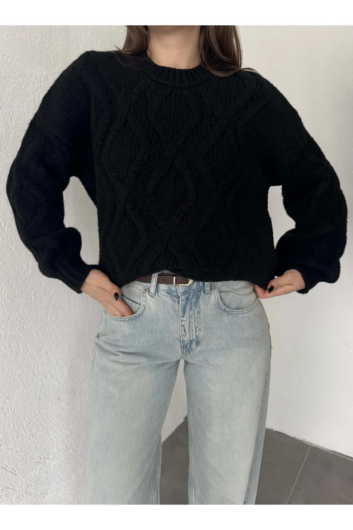 Kadın Siyah Saç Örgü Triko Kazak Bisiklet Yaka Kışlık