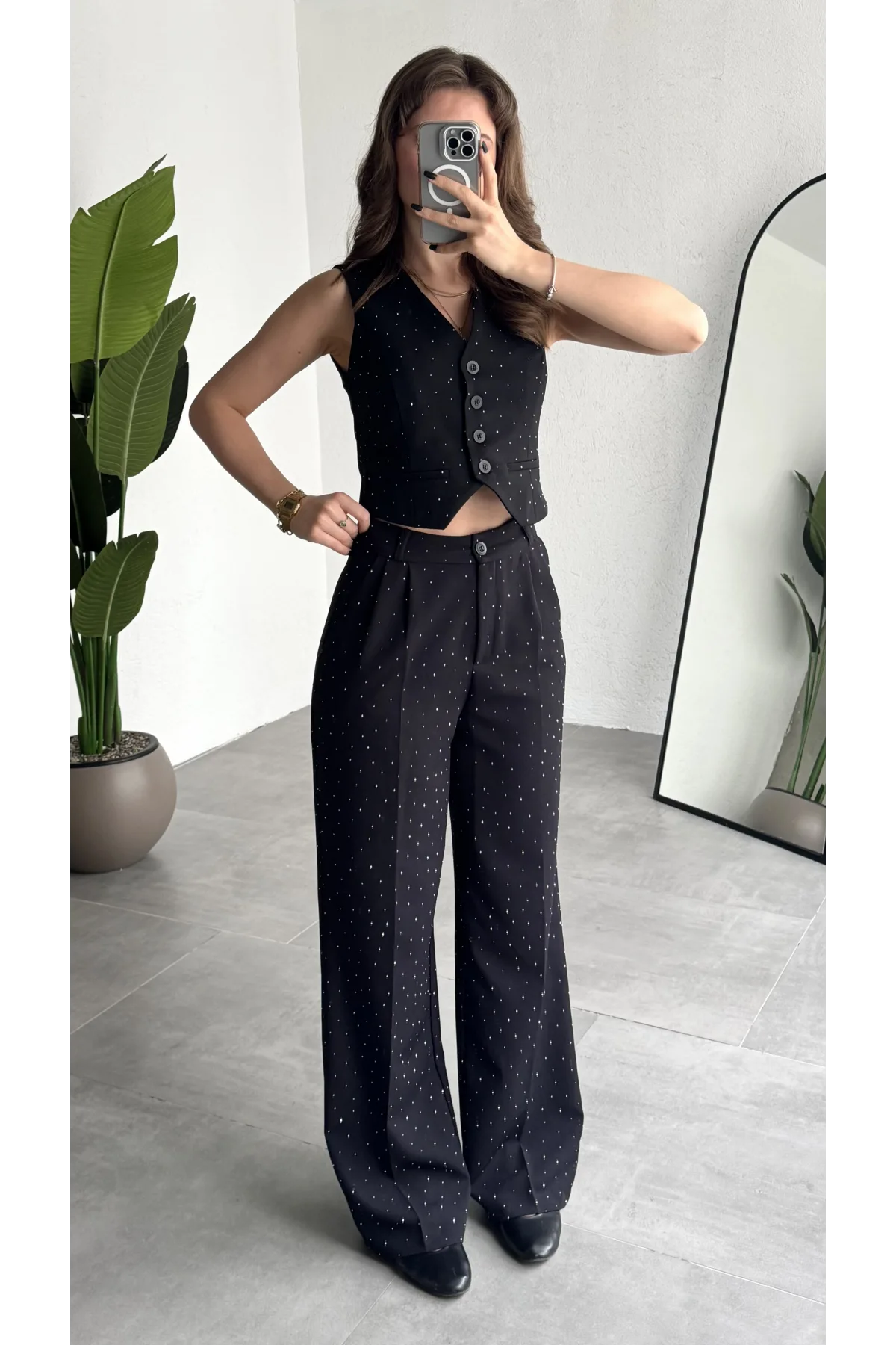 Kadın Siyah Taşlı Pırıltılı Yüksek Bel Bol Paça Pileli Palazzo Pantolon