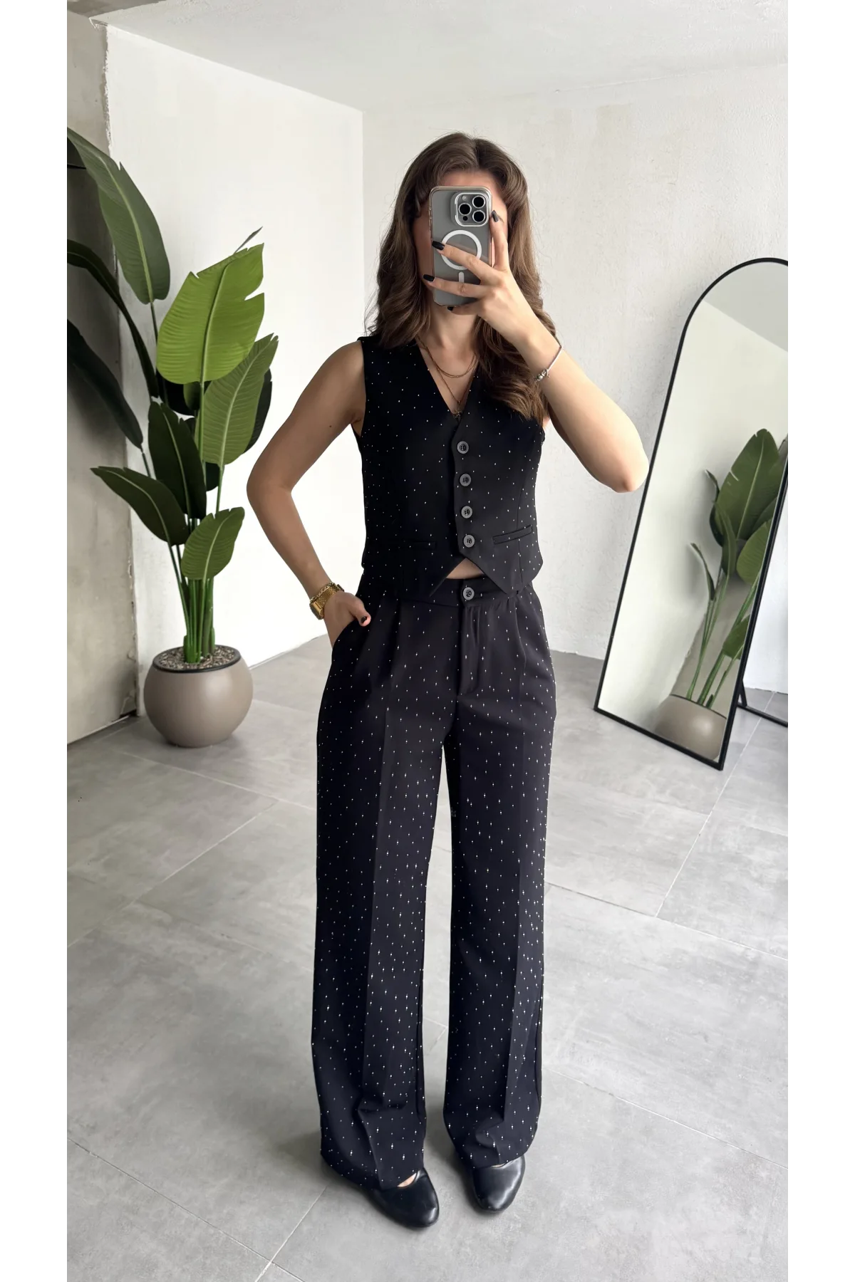 Kadın Siyah Taşlı Pırıltılı Yüksek Bel Bol Paça Pileli Palazzo Pantolon