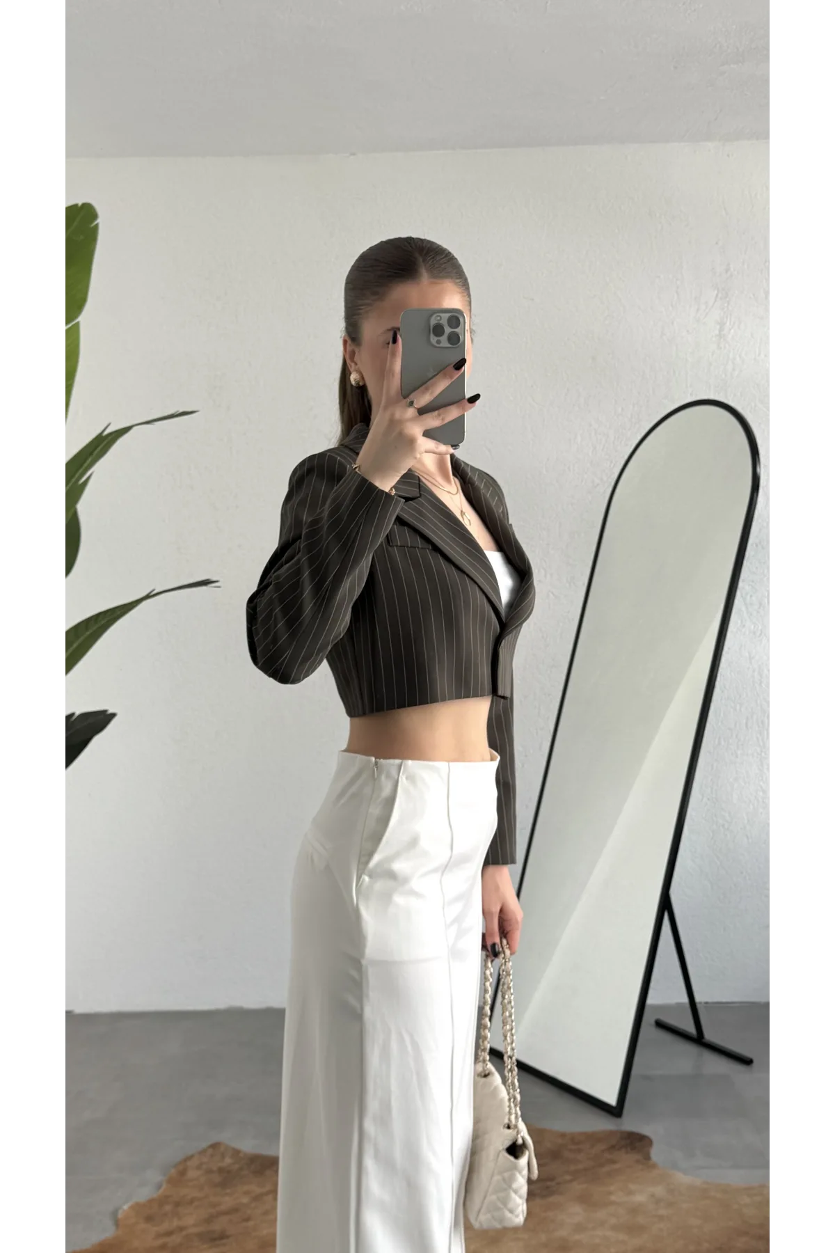 Kadın Yeşil Çizgili Tek Düğmeli Astarlı Crop Ceket