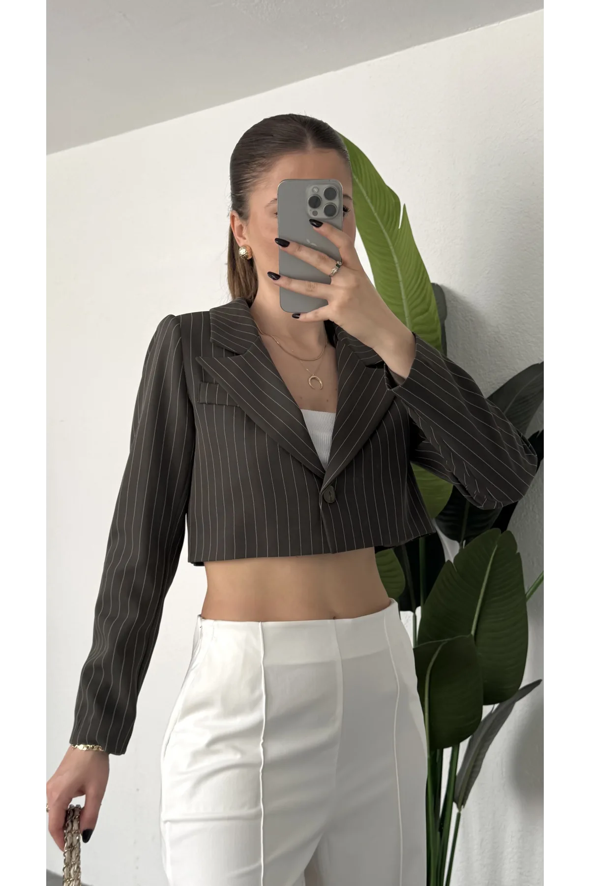 Kadın Yeşil Çizgili Tek Düğmeli Astarlı Crop Ceket