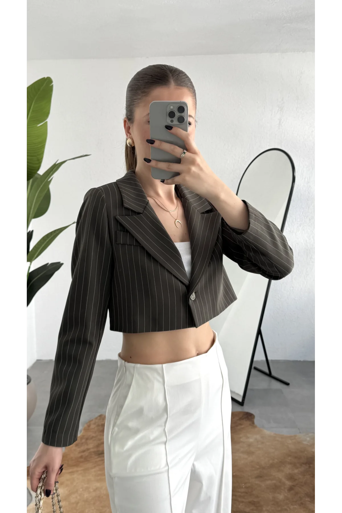 Kadın Yeşil Çizgili Tek Düğmeli Astarlı Crop Ceket