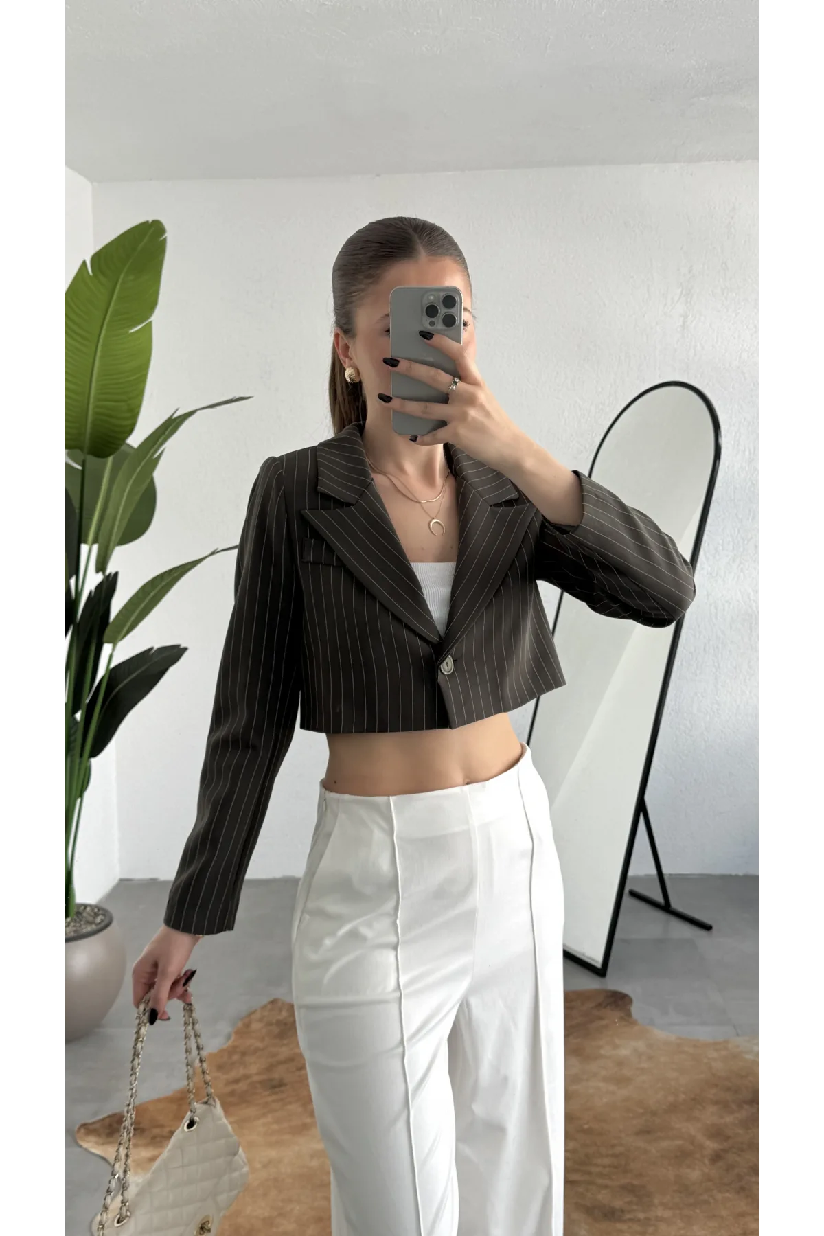 Kadın Yeşil Çizgili Tek Düğmeli Astarlı Crop Ceket