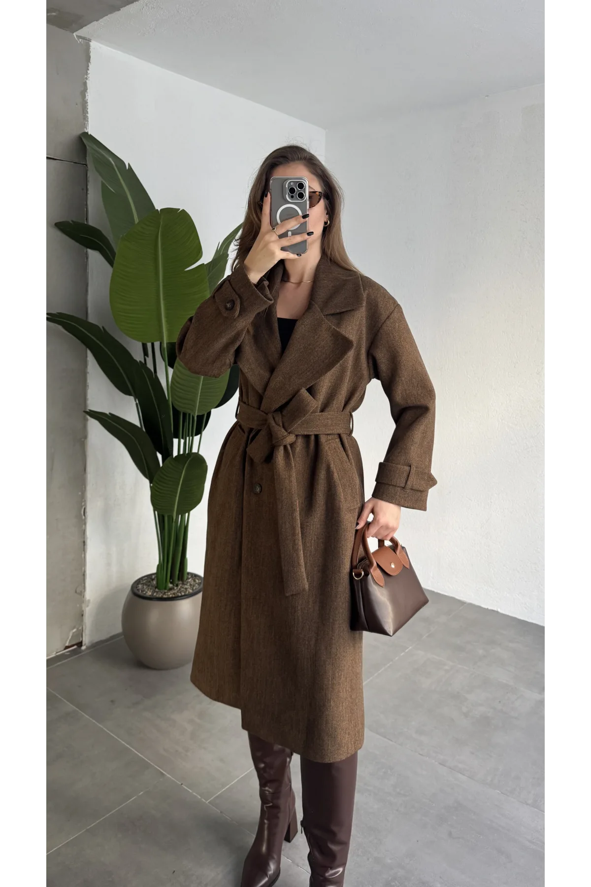 Kahve Melanj Kruvaze Oversize Premium Kalite Kuşaklı Tam Boy Uzun Kaşe Mont