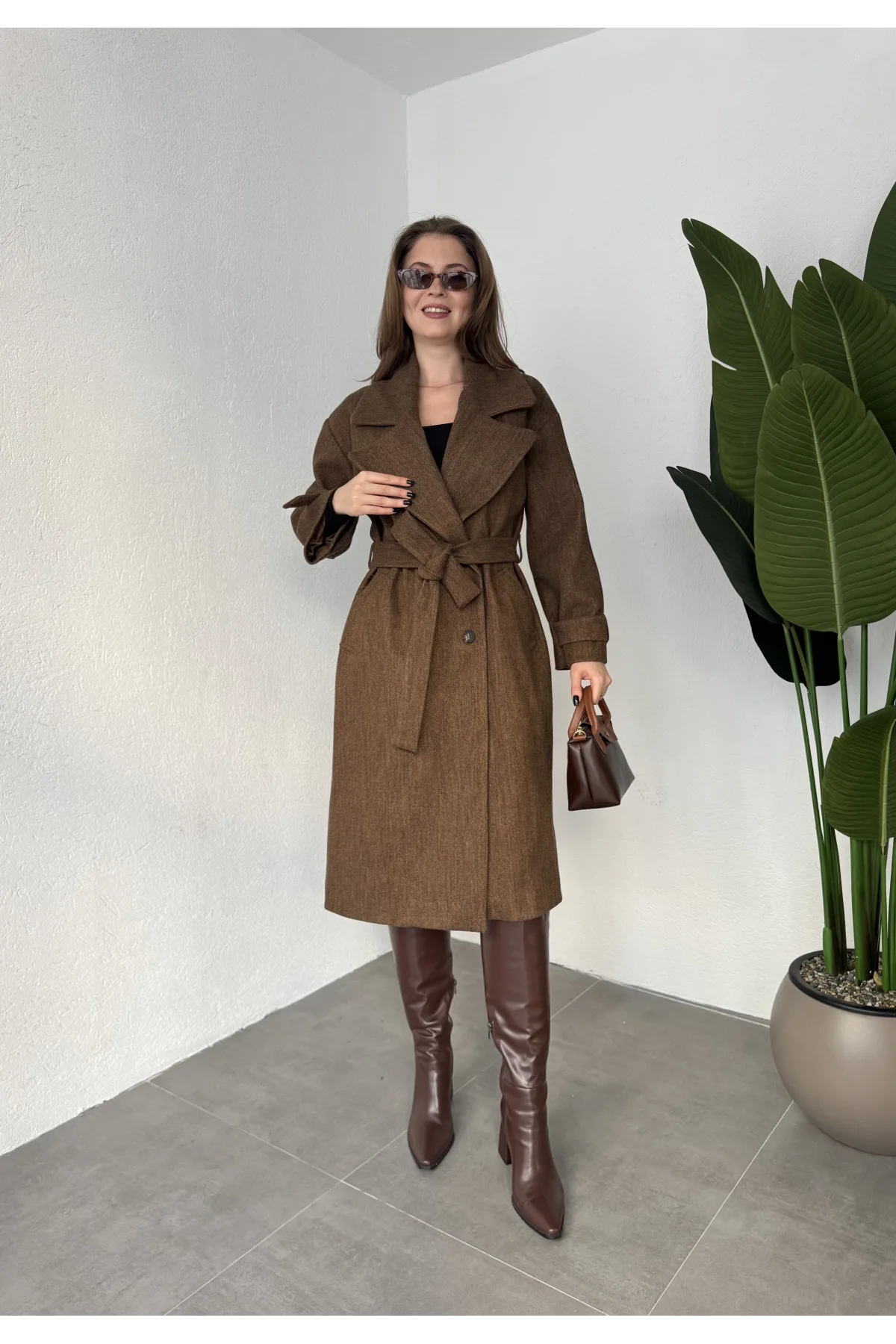 Kahve Melanj Kruvaze Oversize Premium Kalite Kuşaklı Tam Boy Uzun Kaşe Mont