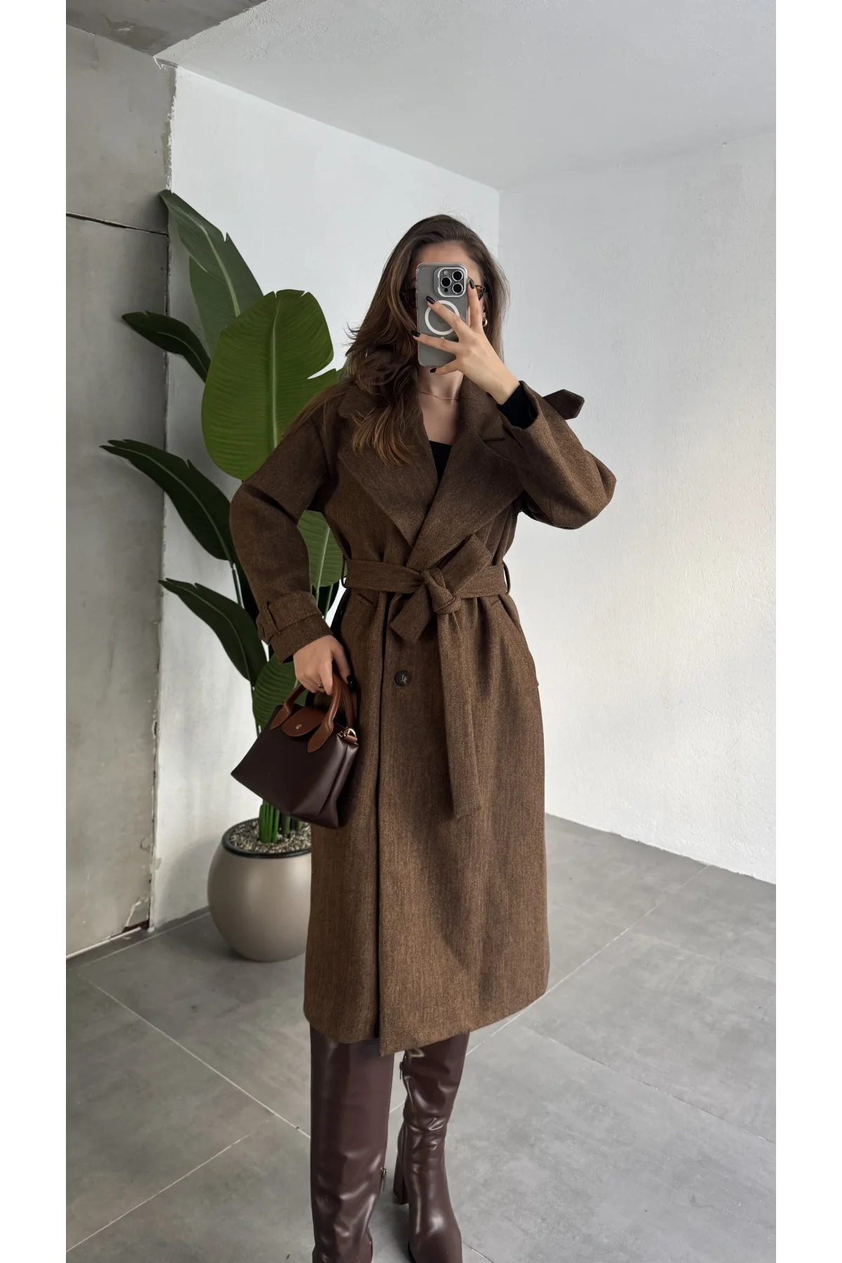 Kahve Melanj Kruvaze Oversize Premium Kalite Kuşaklı Tam Boy Uzun Kaşe Mont