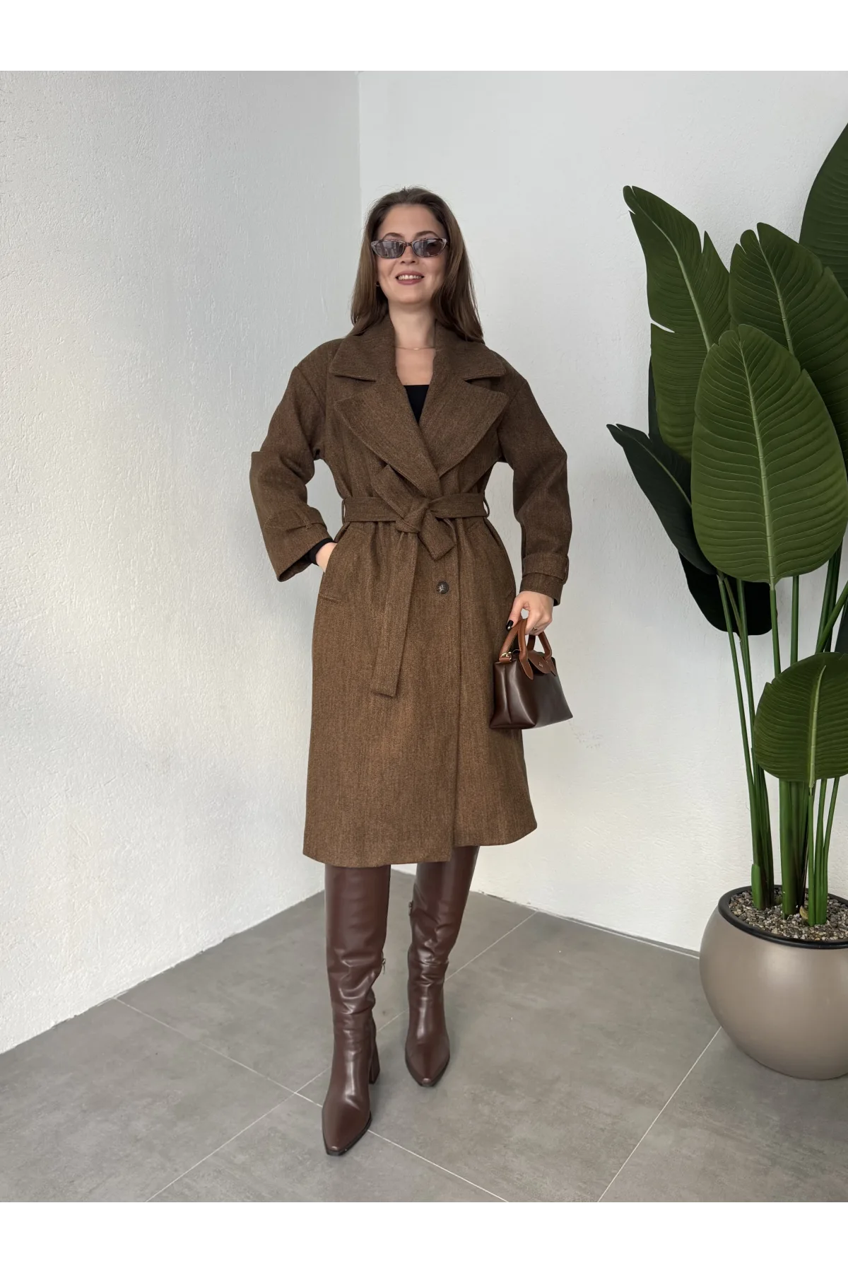 Kahve Melanj Kruvaze Oversize Premium Kalite Kuşaklı Tam Boy Uzun Kaşe Mont