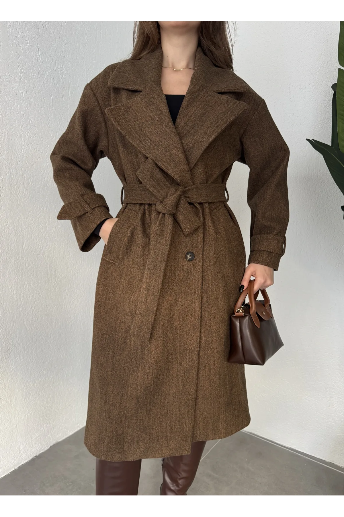 Kahve Melanj Kruvaze Oversize Premium Kalite Kuşaklı Tam Boy Uzun Kaşe Mont