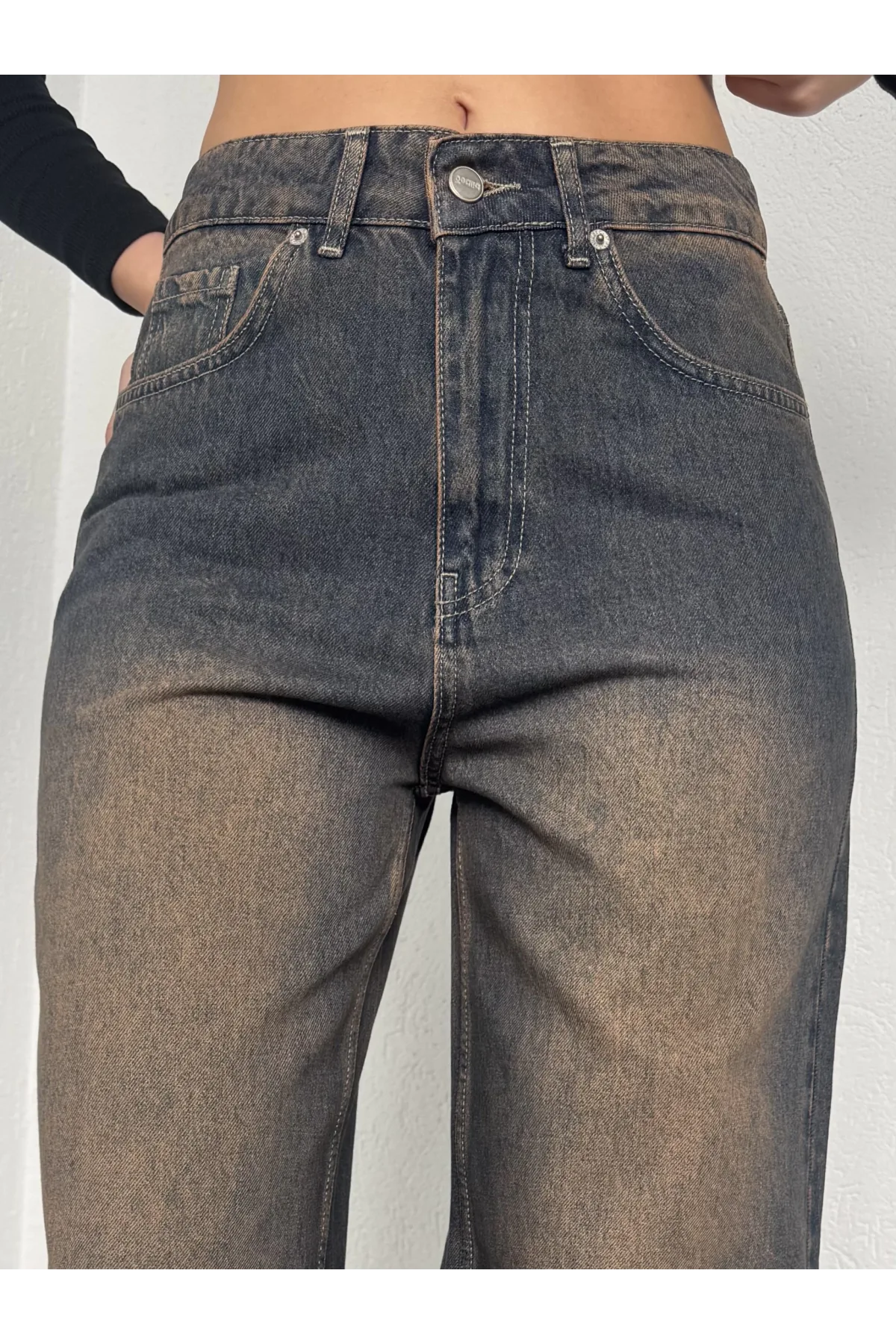 Kahve Yıkamalı Süper Baggy Ektra Geniş Paça Yüksek Bel Jean Kot Pantolon