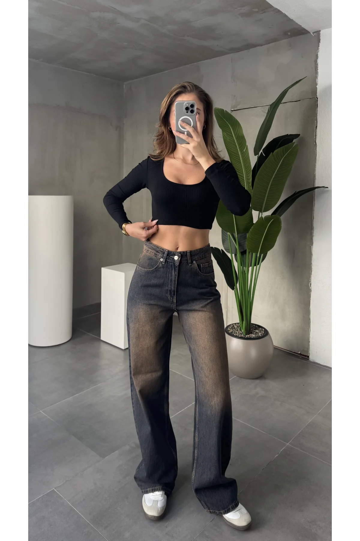 Kahve Yıkamalı Süper Baggy Ektra Geniş Paça Yüksek Bel Jean Kot Pantolon