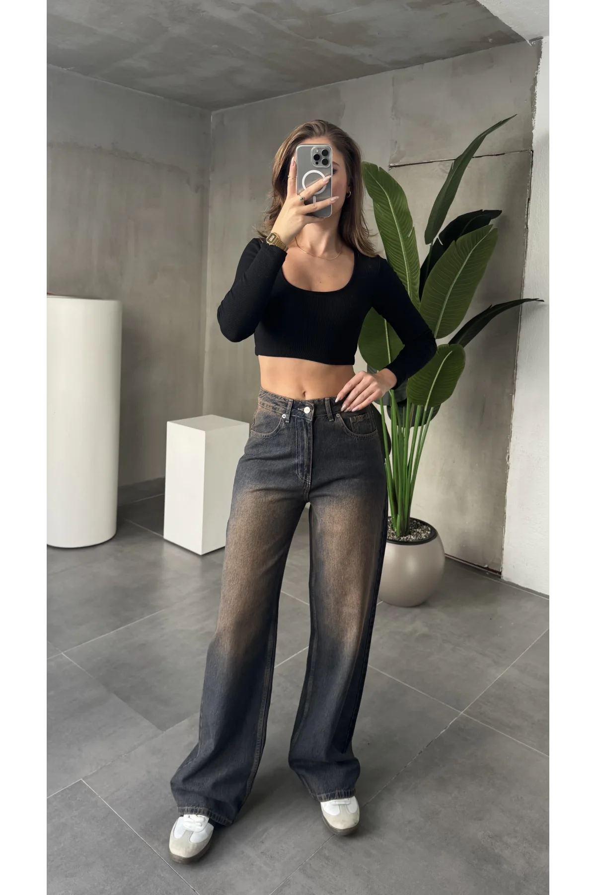 Kahve Yıkamalı Süper Baggy Ektra Geniş Paça Yüksek Bel Jean Kot Pantolon