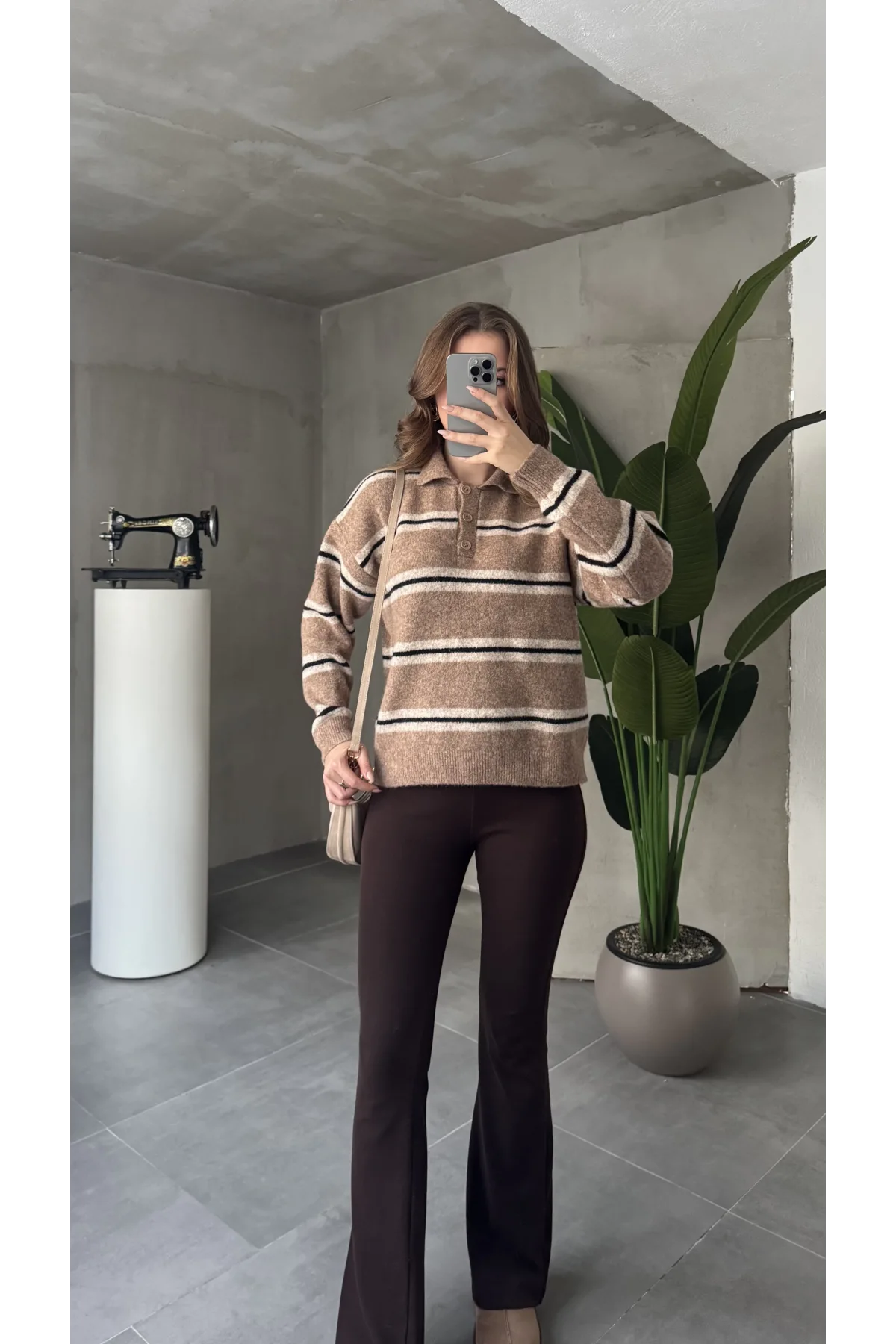 Kahverengi Çizgili Polo Yaka Çizgili Oversize Trend Kazak