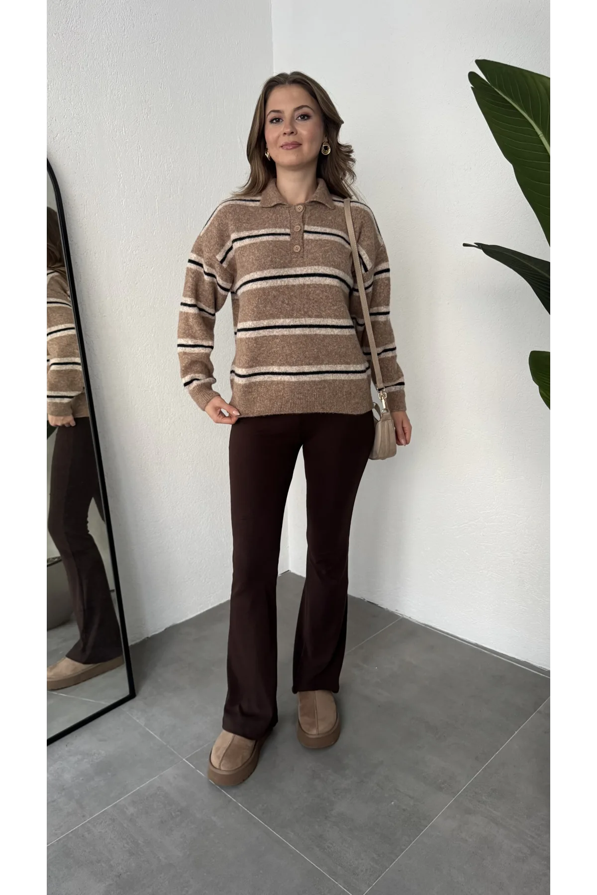 Kahverengi Çizgili Polo Yaka Çizgili Oversize Trend Kazak