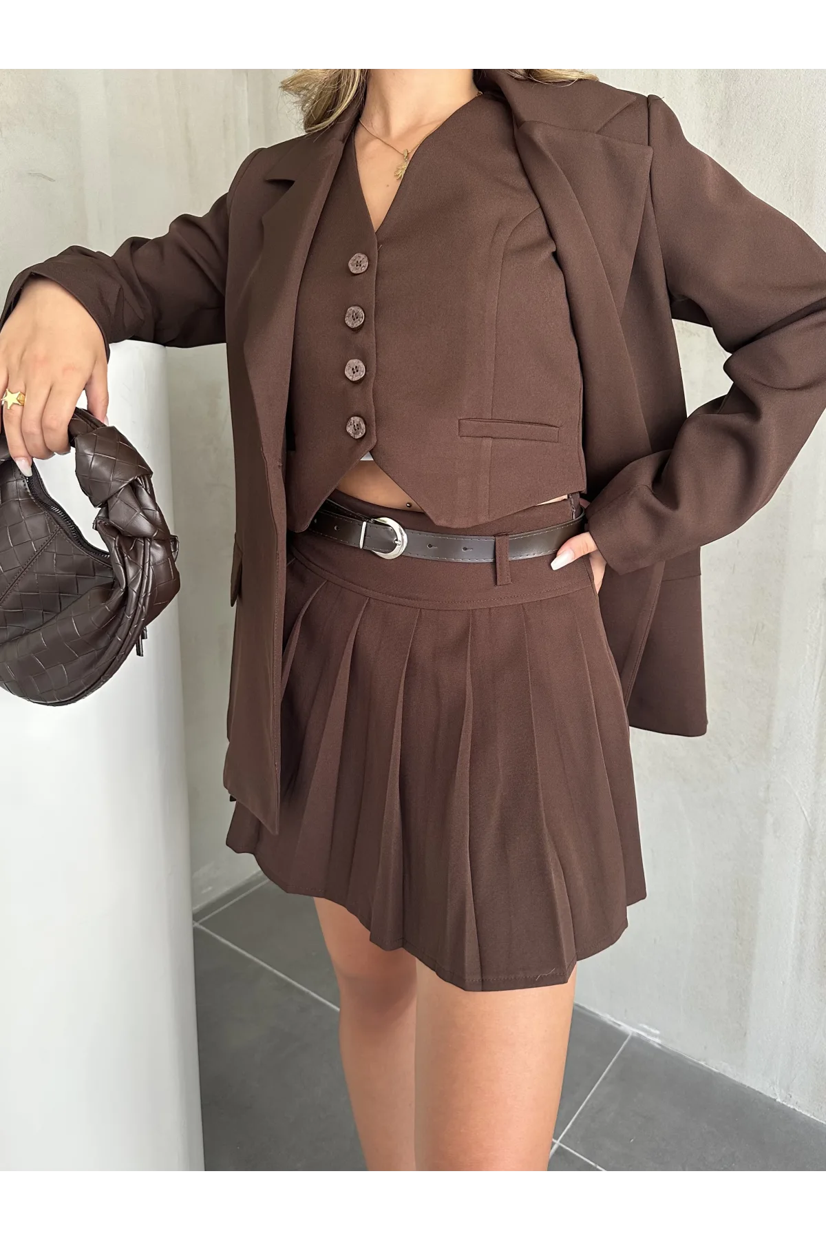 Kahverengi Double Yelek-Etek & Blazer Ceket Üçlü Set Takım
