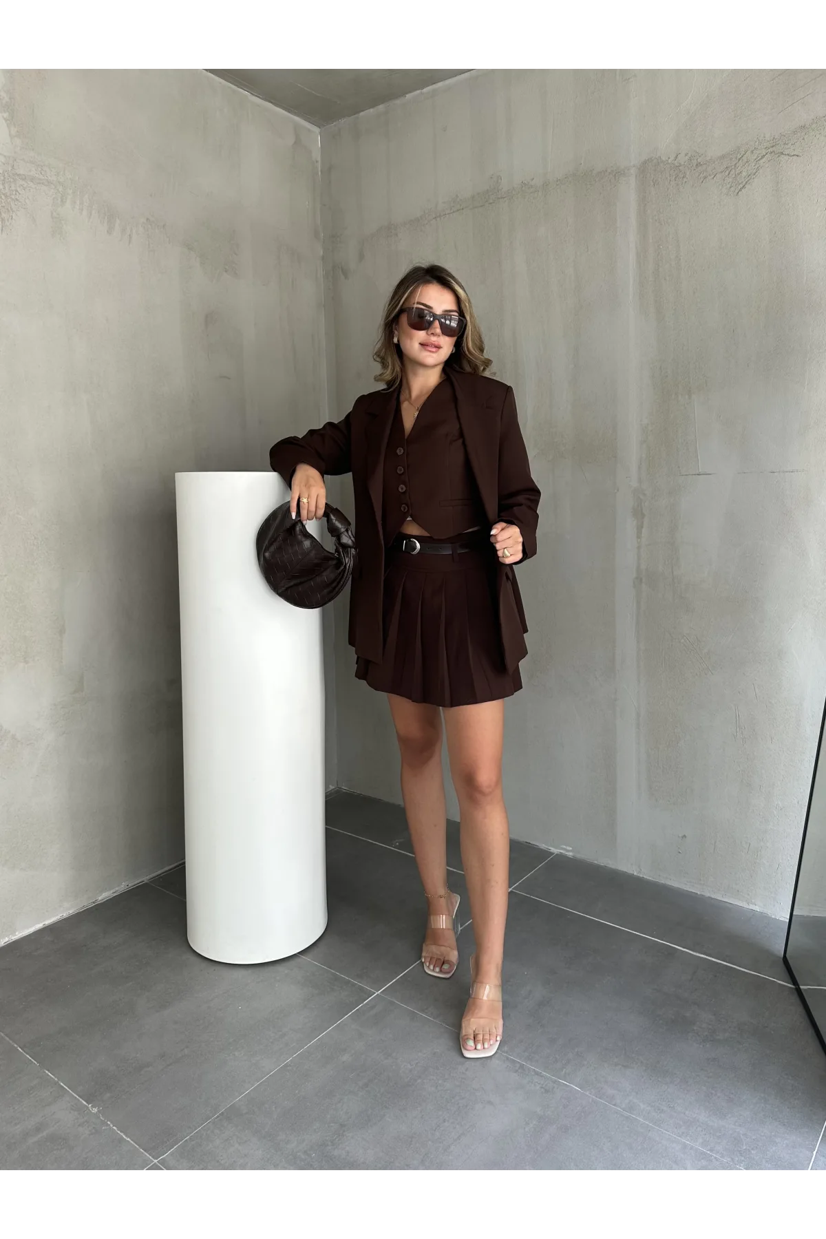 Kahverengi Double Yelek-Etek & Blazer Ceket Üçlü Set Takım