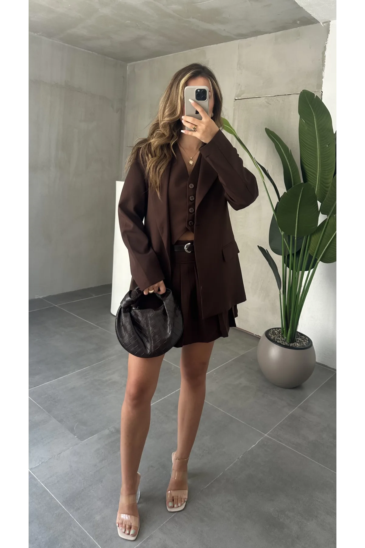 Kahverengi Double Yelek-Etek & Blazer Ceket Üçlü Set Takım