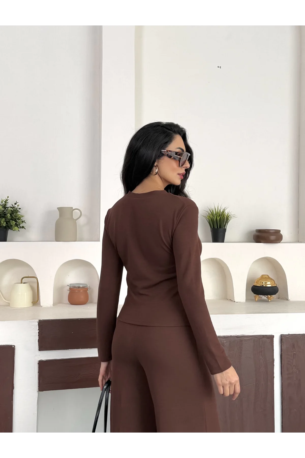 Kahverengi Gold Düğme Detaylı V Yaka Hırka İspanyol Paça Çimalı Viral Günlük Takım