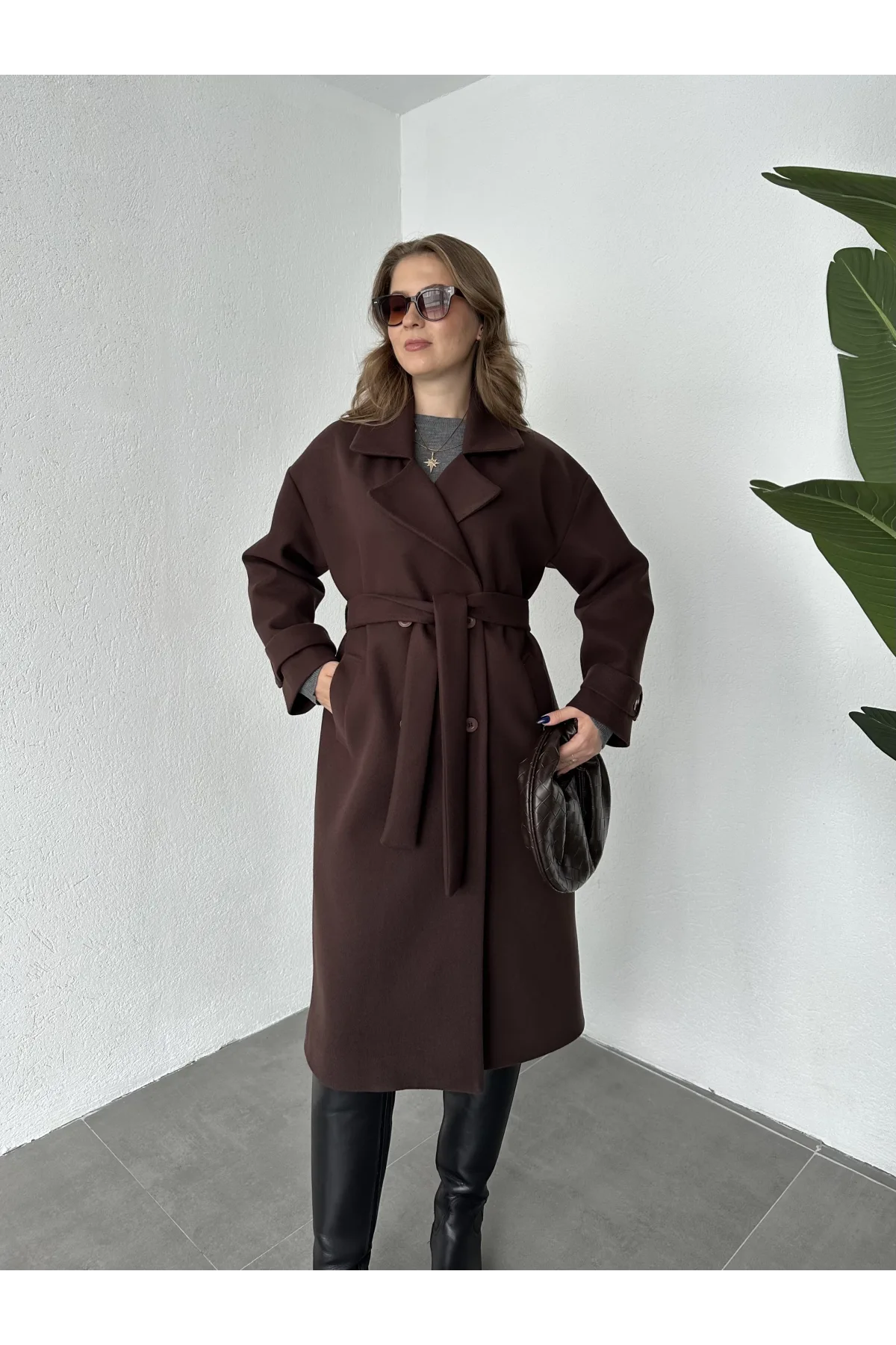 Kahverengi Kruvaze Oversize Premium Kalite Kuşaklı Tam Boy Uzun Kaşe Mont