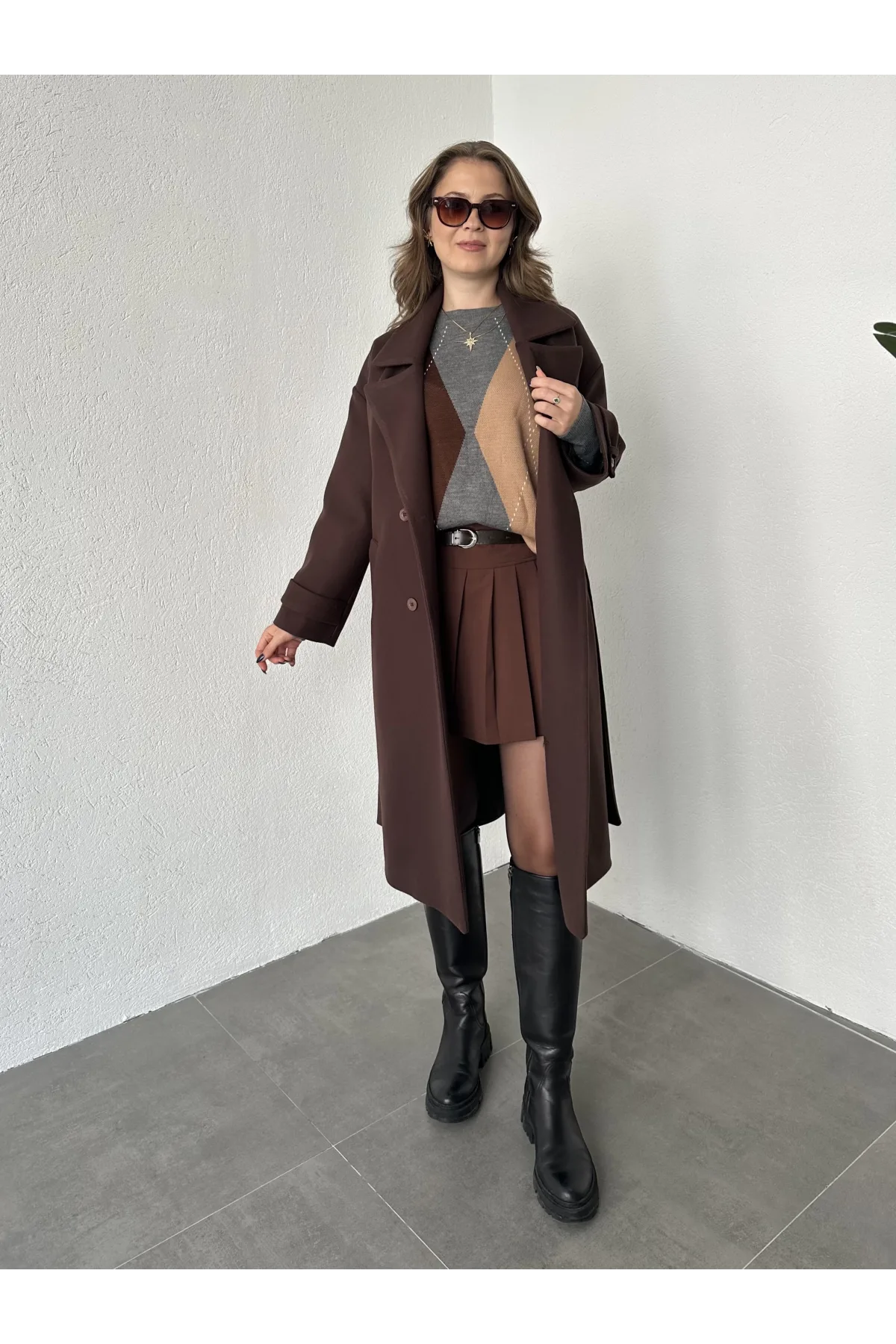 Kahverengi Kruvaze Oversize Premium Kalite Kuşaklı Tam Boy Uzun Kaşe Mont