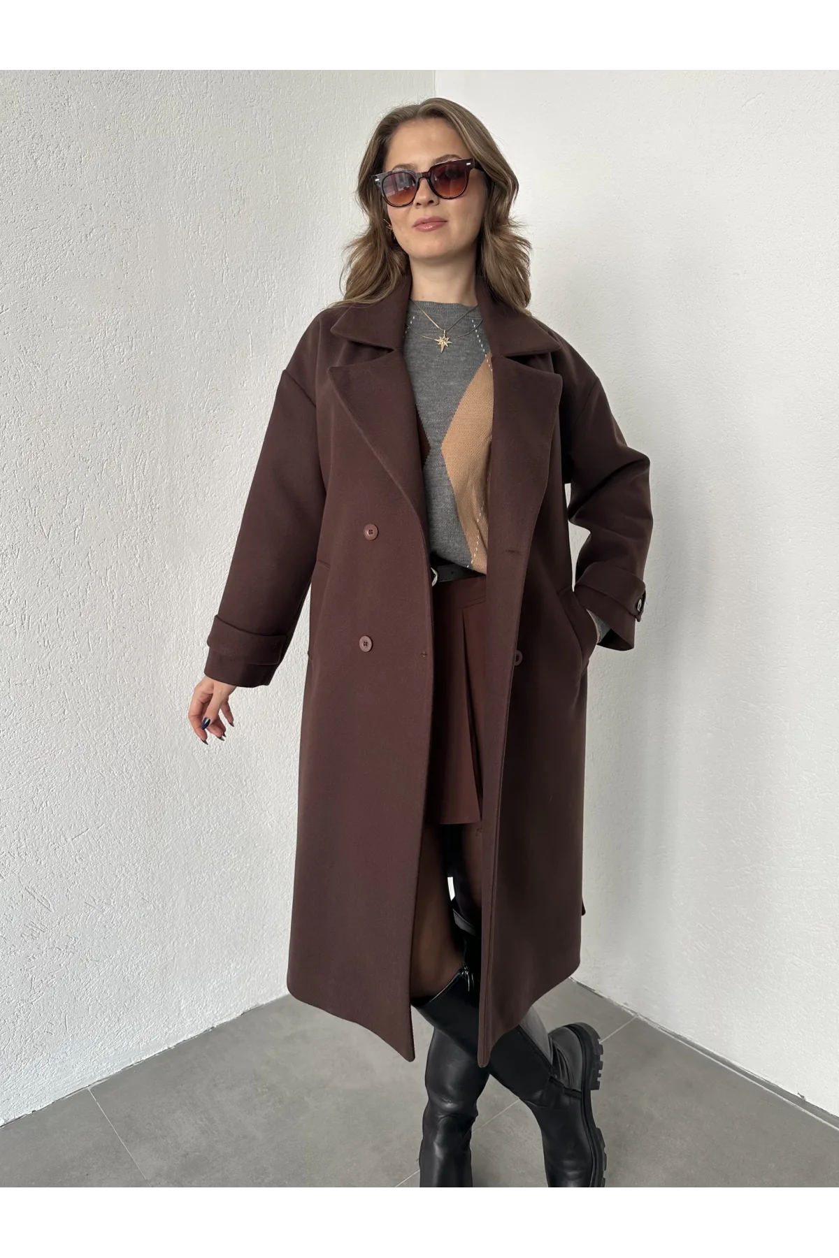Kahverengi Kruvaze Oversize Premium Kalite Kuşaklı Tam Boy Uzun Kaşe Mont