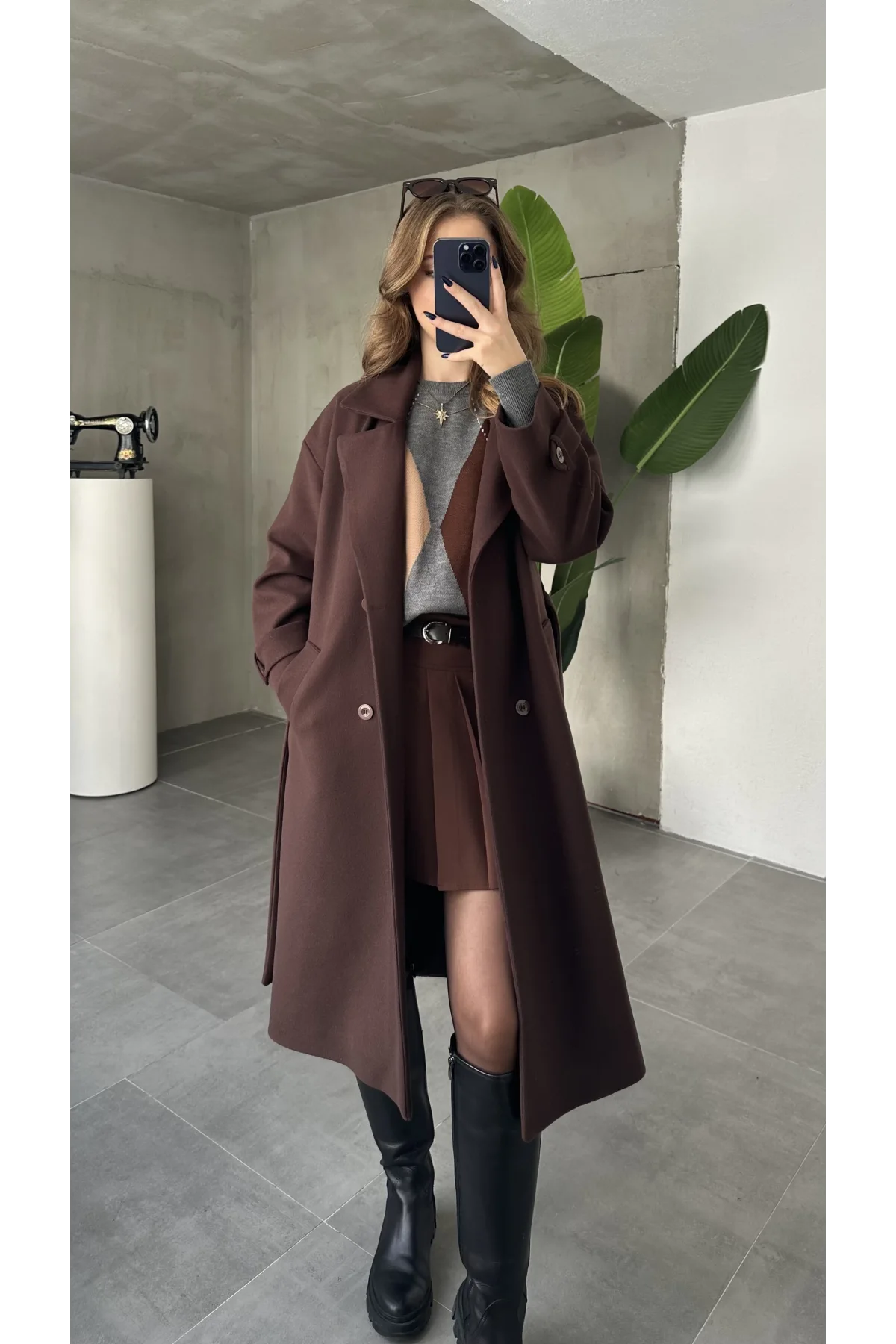 Kahverengi Kruvaze Oversize Premium Kalite Kuşaklı Tam Boy Uzun Kaşe Mont