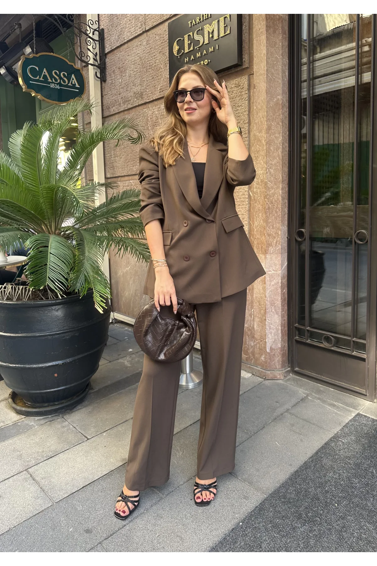 Kahverengi Oversize Kruvaze Ceket Tam Kalıp Palazzo Pantolon Viskon Premium İkili Takım