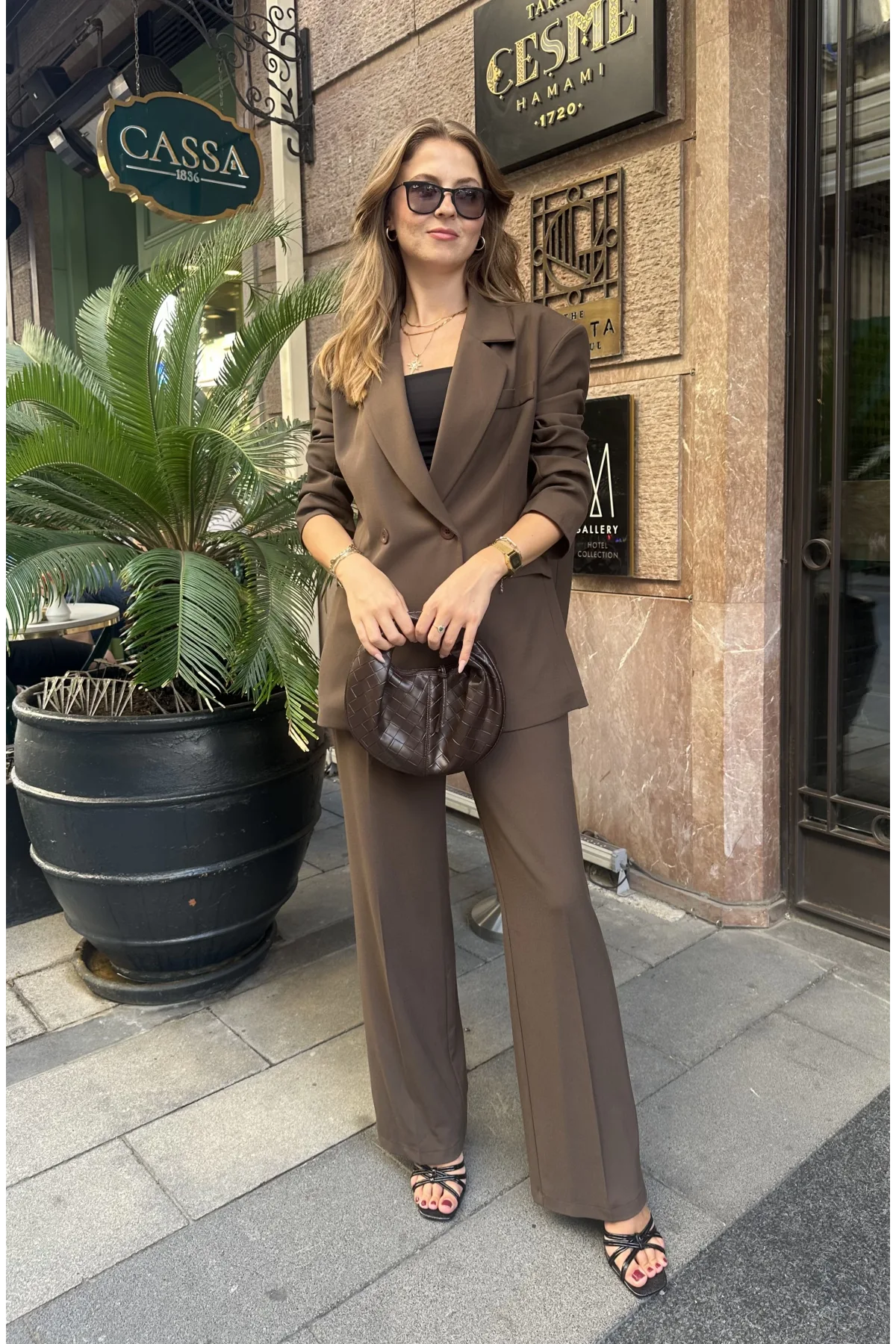 Kahverengi Oversize Kruvaze Ceket Tam Kalıp Palazzo Pantolon Viskon Premium İkili Takım