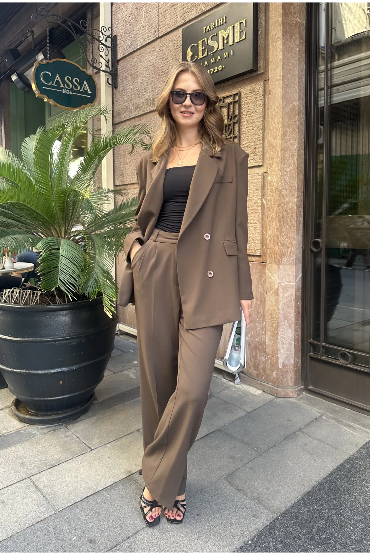 Kahverengi Oversize Kruvaze Ceket Tam Kalıp Palazzo Pantolon Viskon Premium İkili Takım