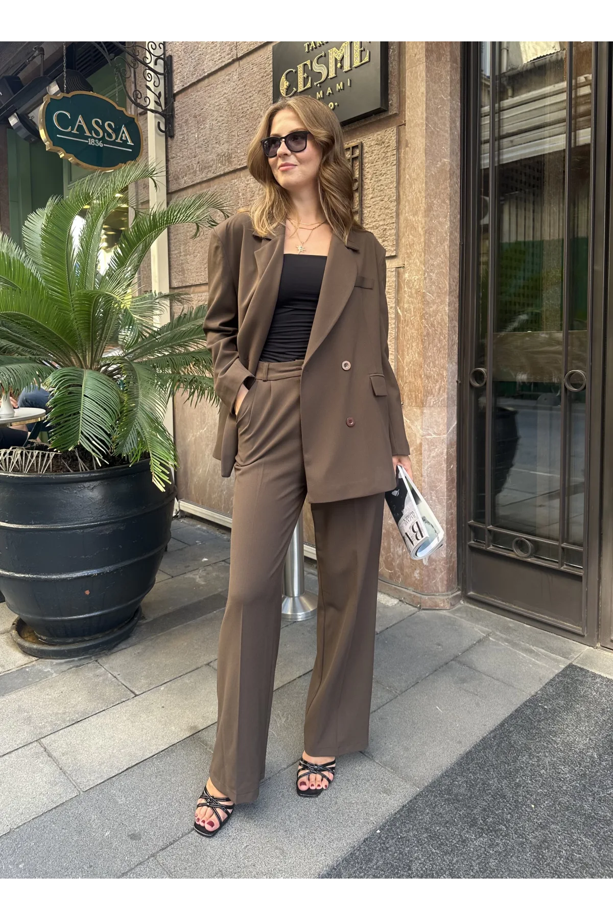 Kahverengi Oversize Kruvaze Ceket Tam Kalıp Palazzo Pantolon Viskon Premium İkili Takım