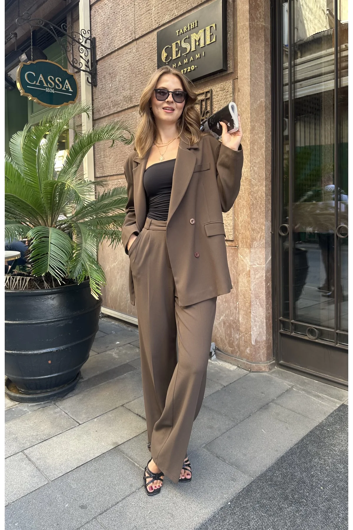Kahverengi Oversize Kruvaze Ceket Tam Kalıp Palazzo Pantolon Viskon Premium İkili Takım