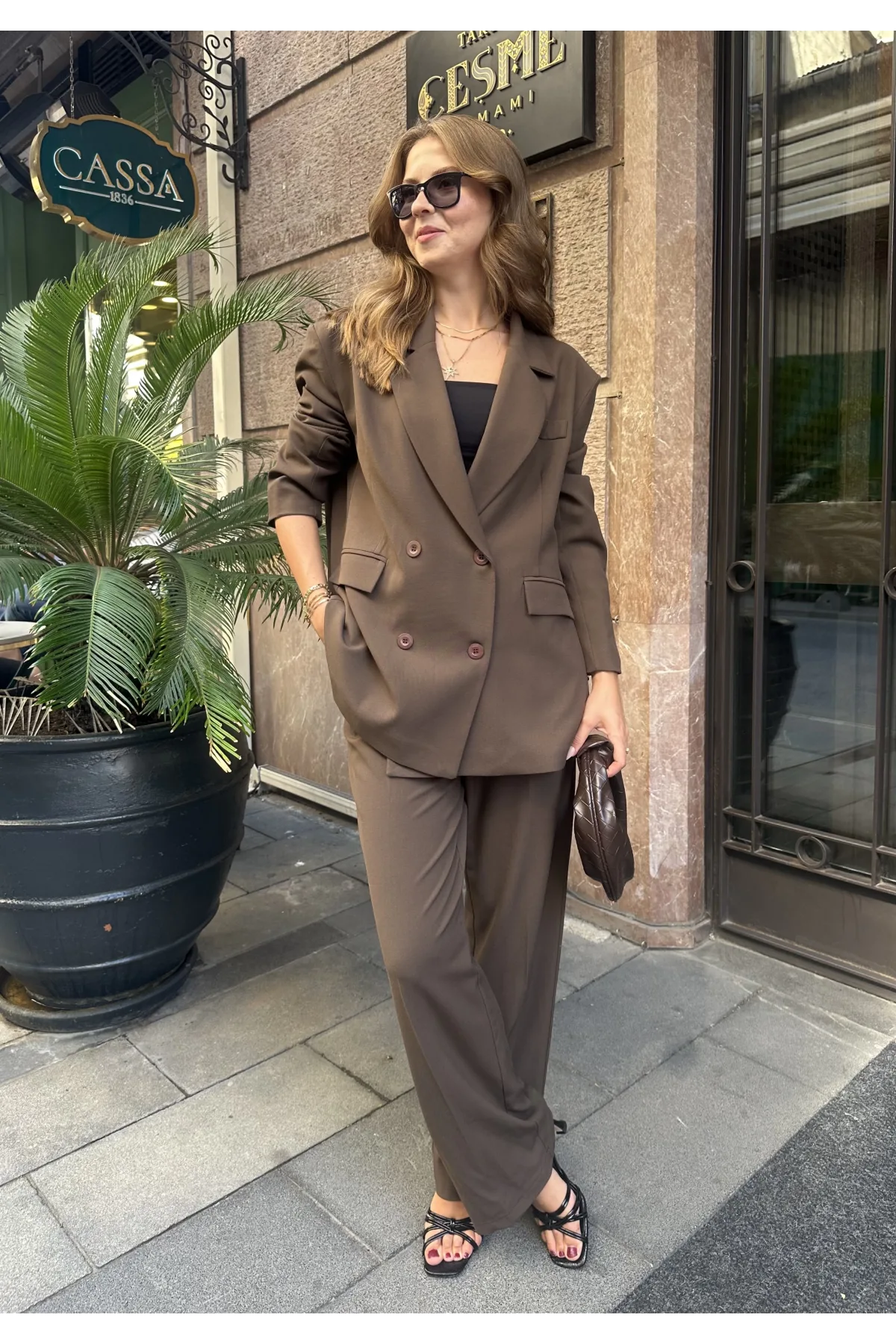 Kahverengi Oversize Kruvaze Ceket Tam Kalıp Palazzo Pantolon Viskon Premium İkili Takım