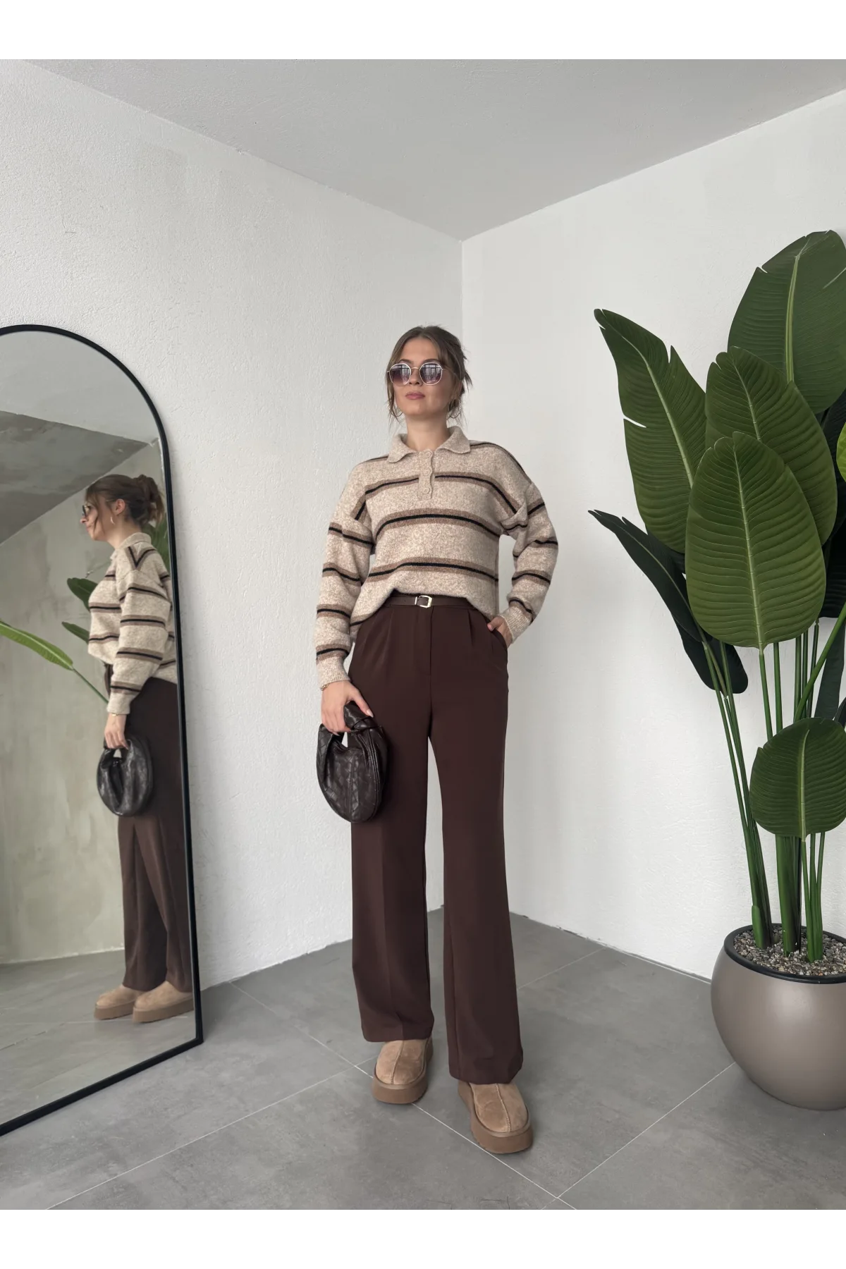 Kahverengi Pileli Tam Kalıp Bel Oturtmalı Geniş Paça Palazzo Pantolon