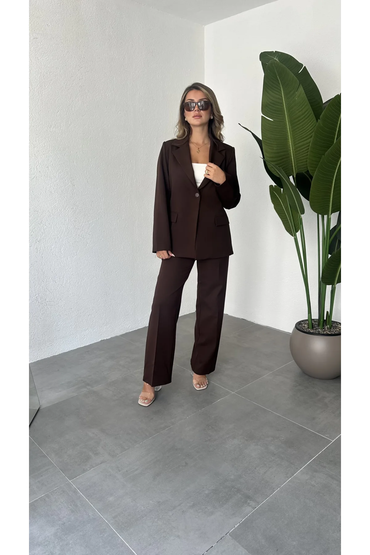Kahverengi Tek Düğmeli Blazer Ceket&Palazzo Pantolon İkili Takım
