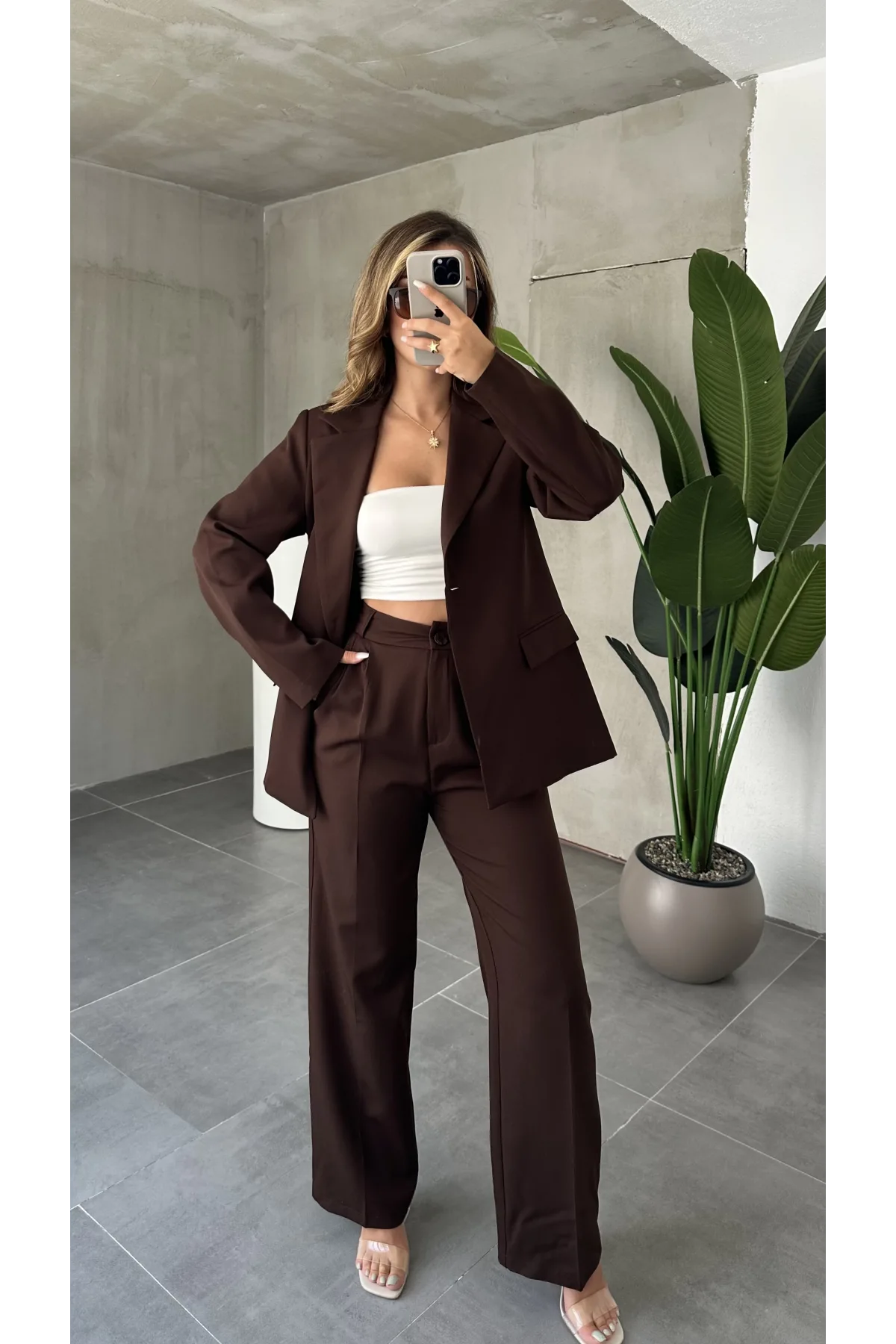 Kahverengi Tek Düğmeli Blazer Ceket&Palazzo Pantolon İkili Takım