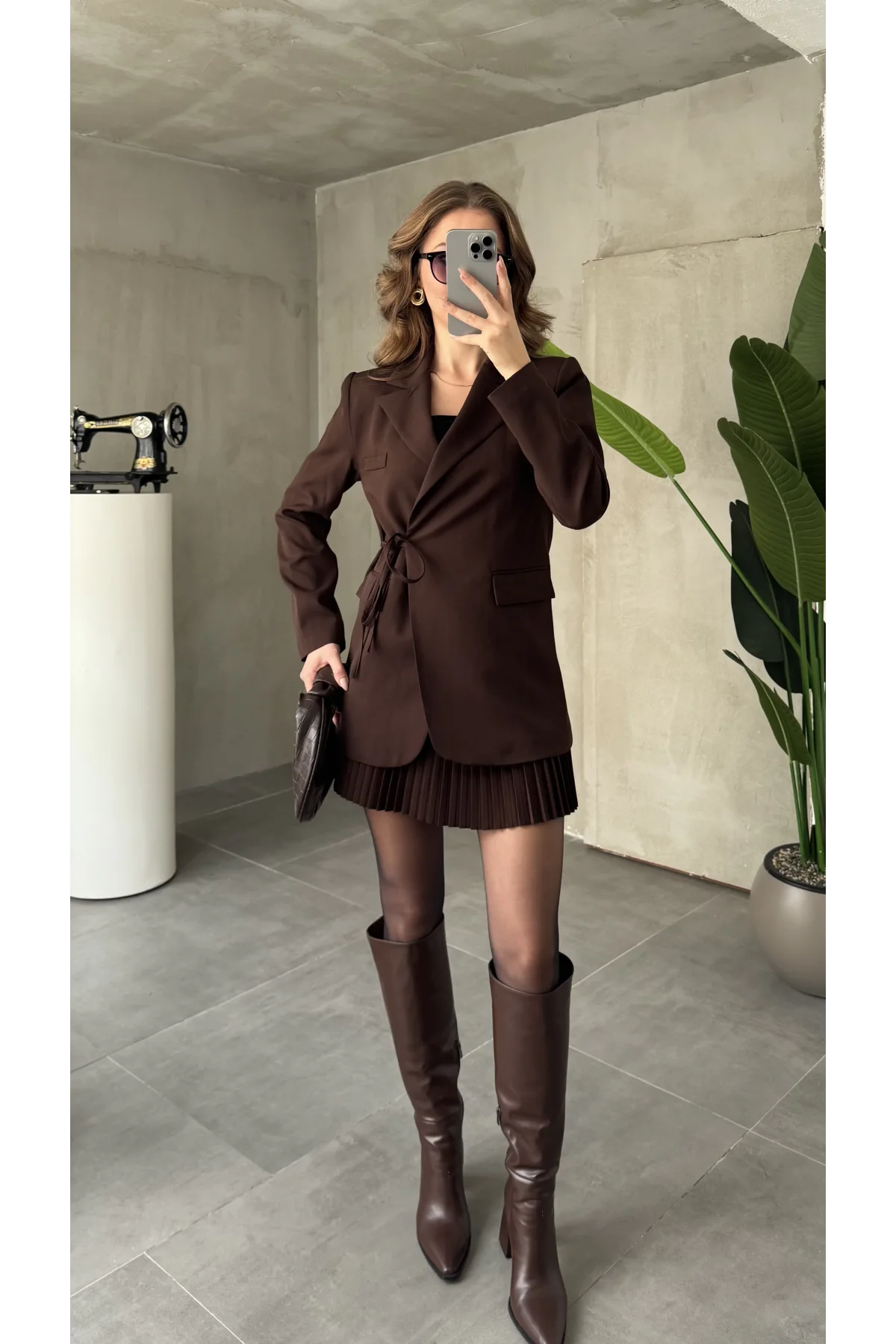 Kahverengi Yandan Bağlamalı Astarlı Günlük Ceket