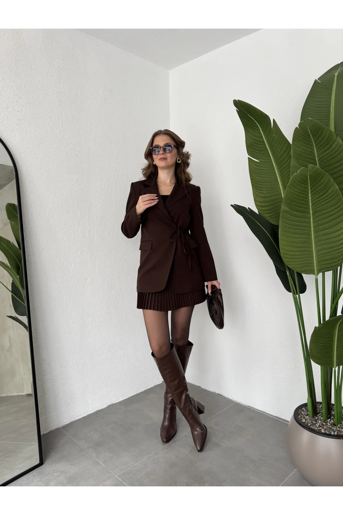 Kahverengi Yandan Bağlamalı Astarlı Günlük Ceket