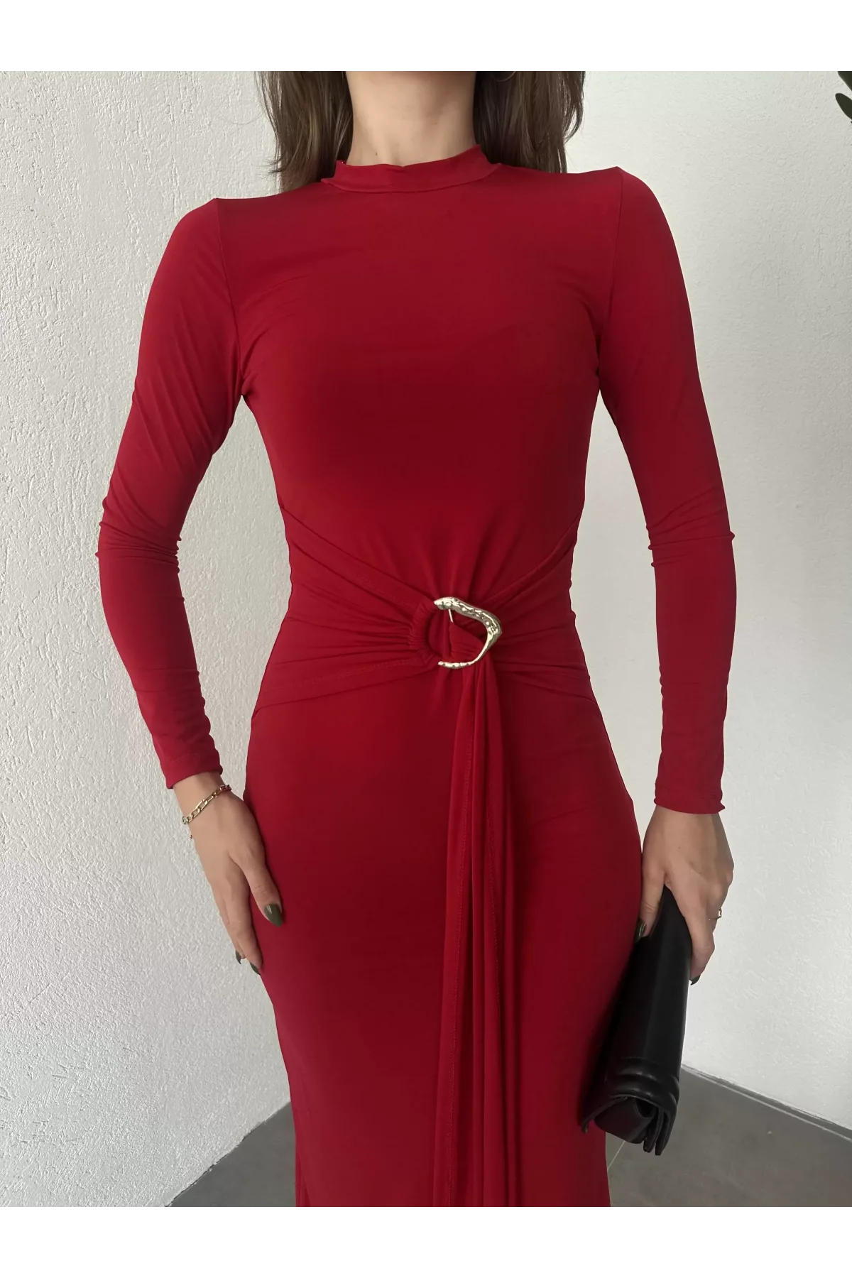 Kırmızı Zr Model Bisiklet Yaka Aksesuarlı Kuşaklı Midi Boy Candy Elbise