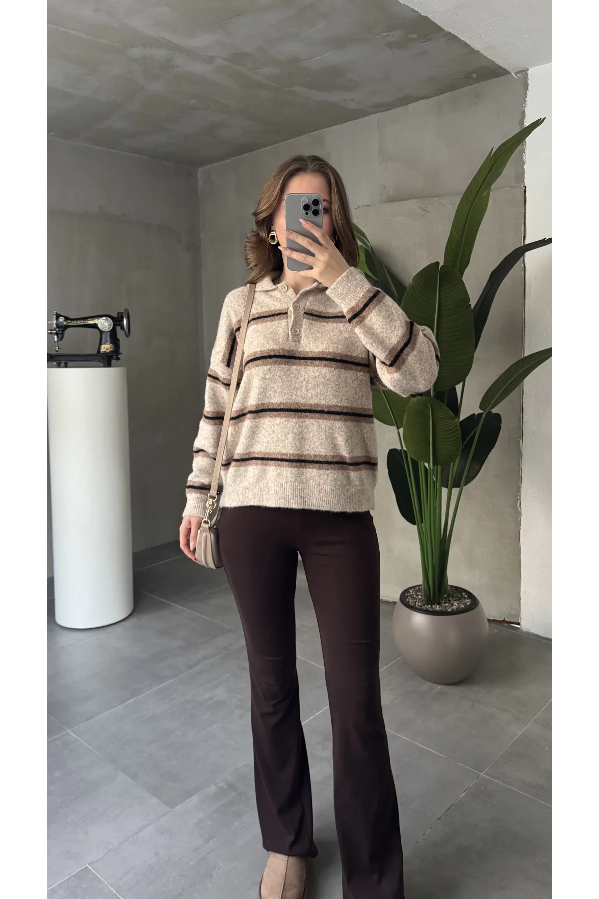 Krem Çizgili Polo Yaka Çizgili Oversize Trend Kazak