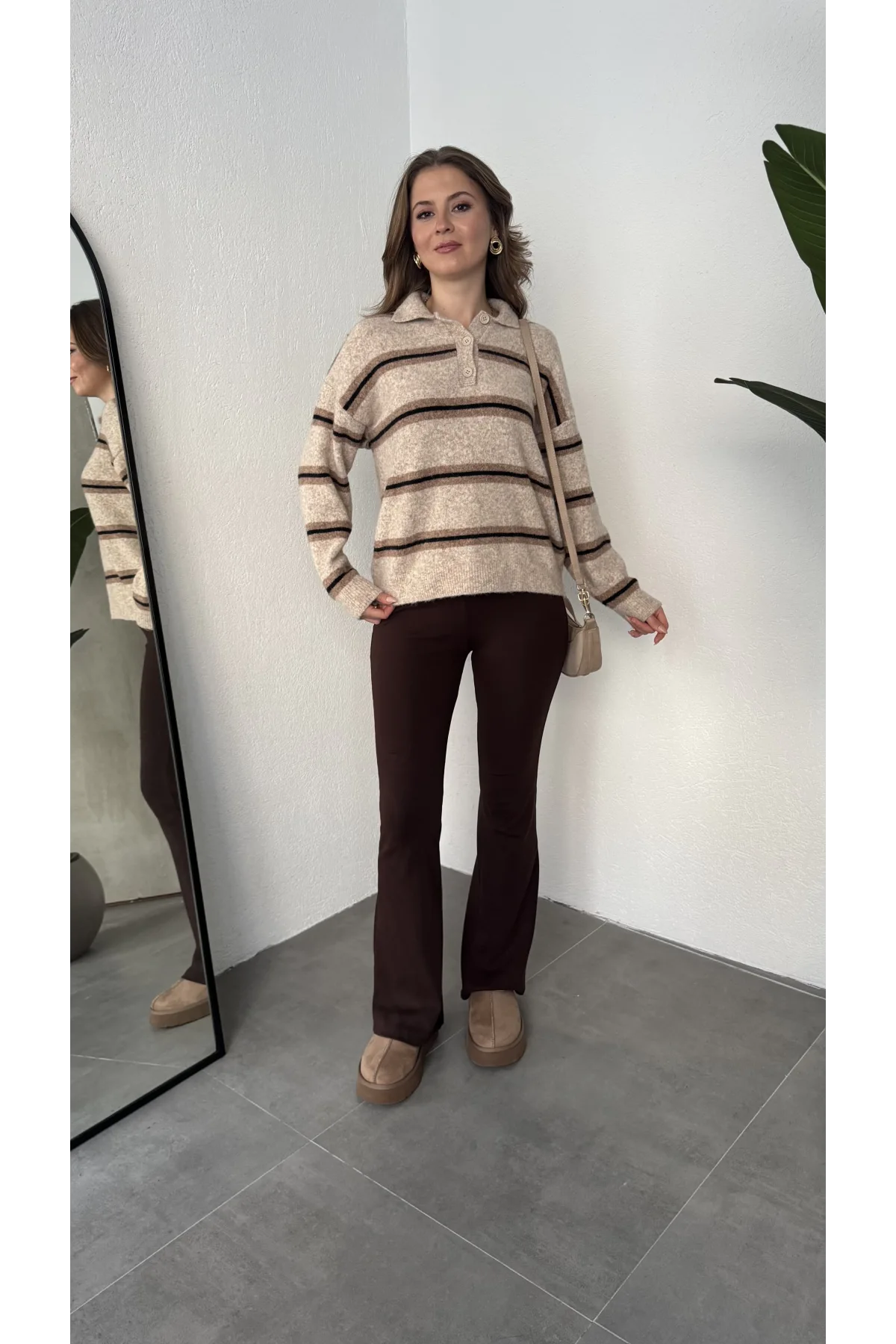 Krem Çizgili Polo Yaka Çizgili Oversize Trend Kazak