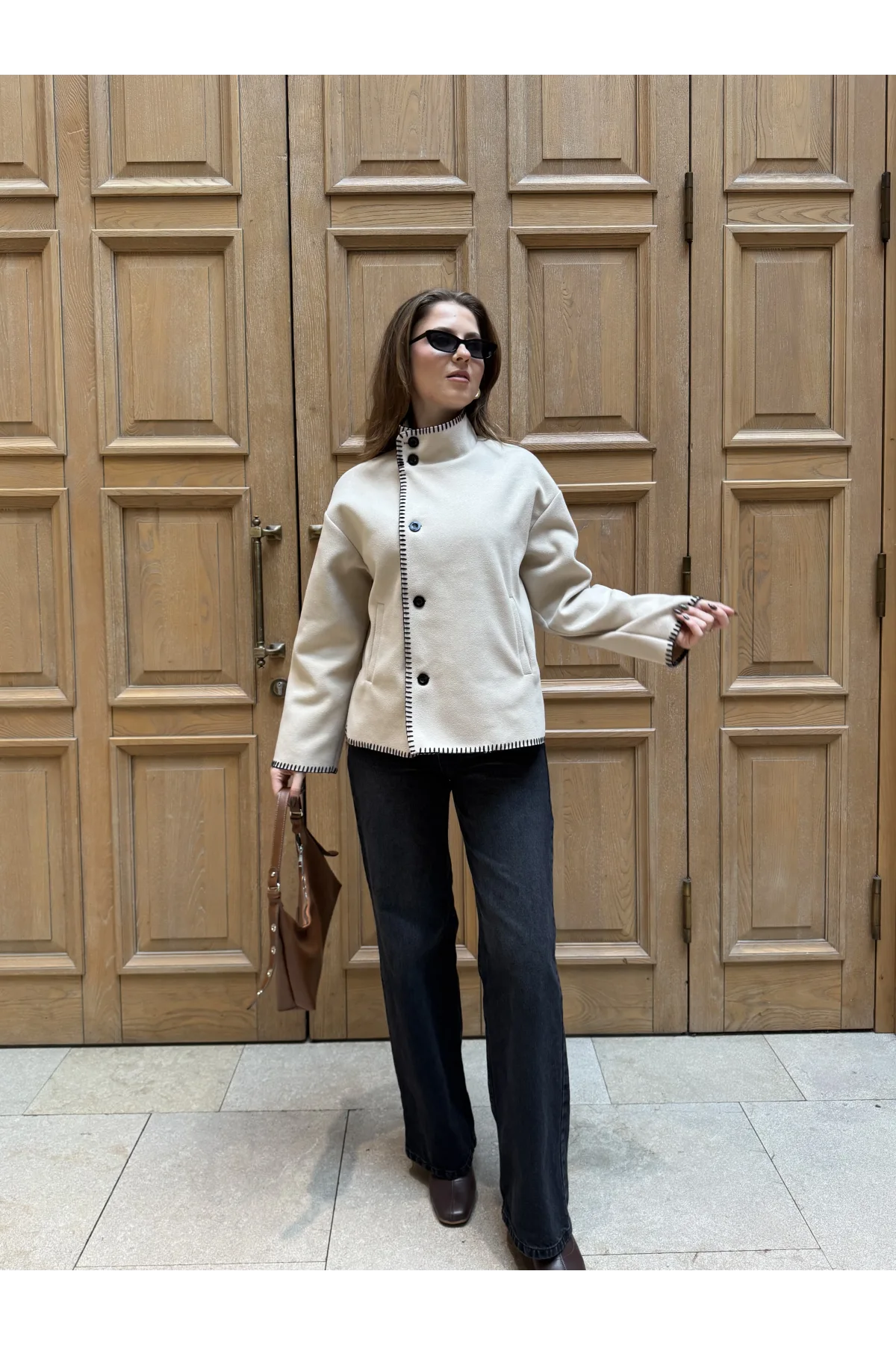 Krem Çoban Dikişli Kaşe Düğmeli Kaşe Hırka