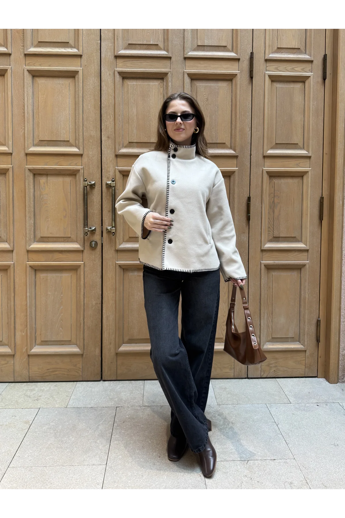 Krem Çoban Dikişli Kaşe Düğmeli Kaşe Hırka