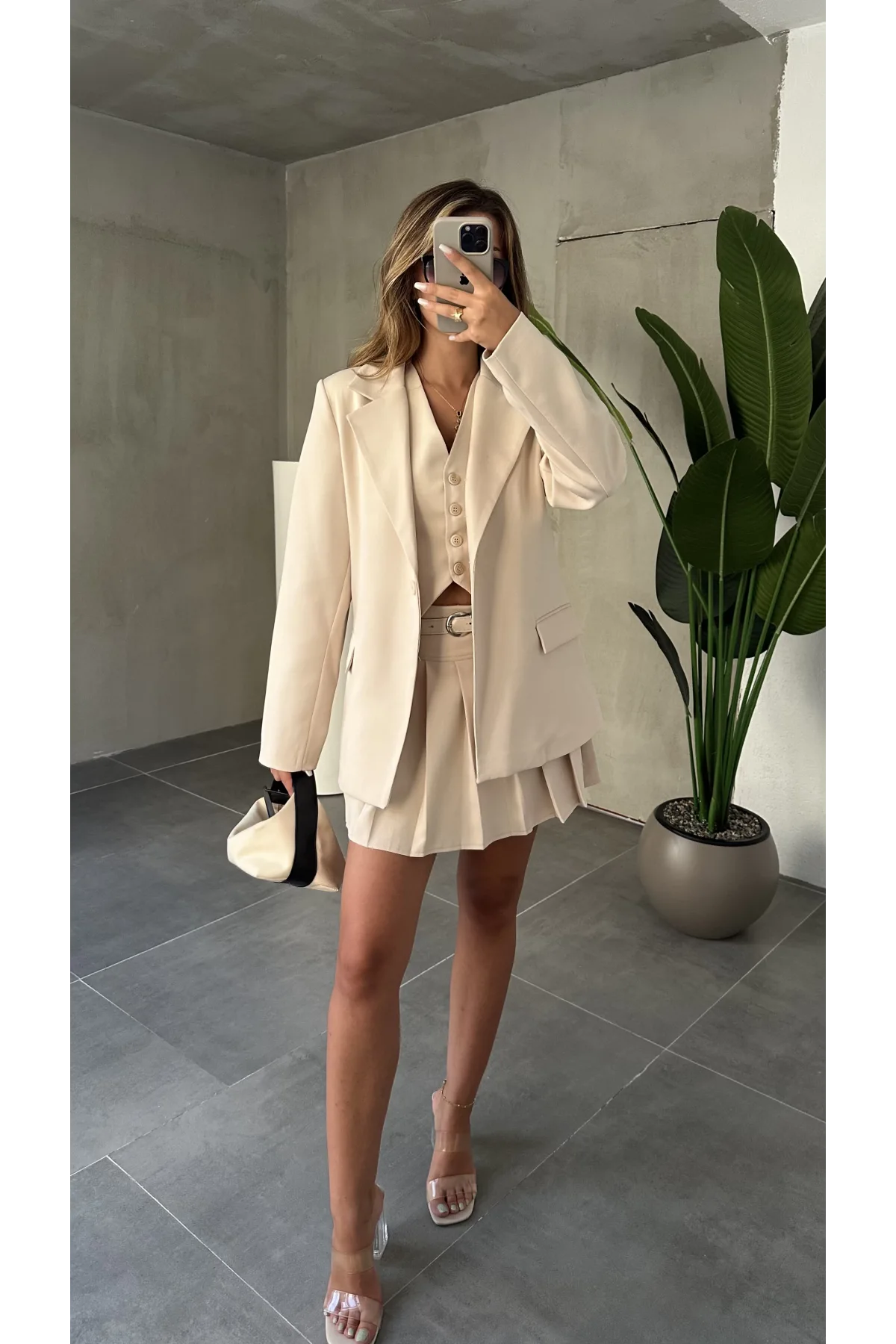 Krem Double Yelek-Etek & Blazer Ceket Üçlü Set Takım