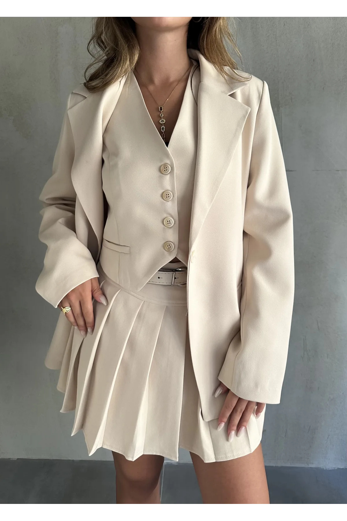 Krem Double Yelek-Etek & Blazer Ceket Üçlü Set Takım