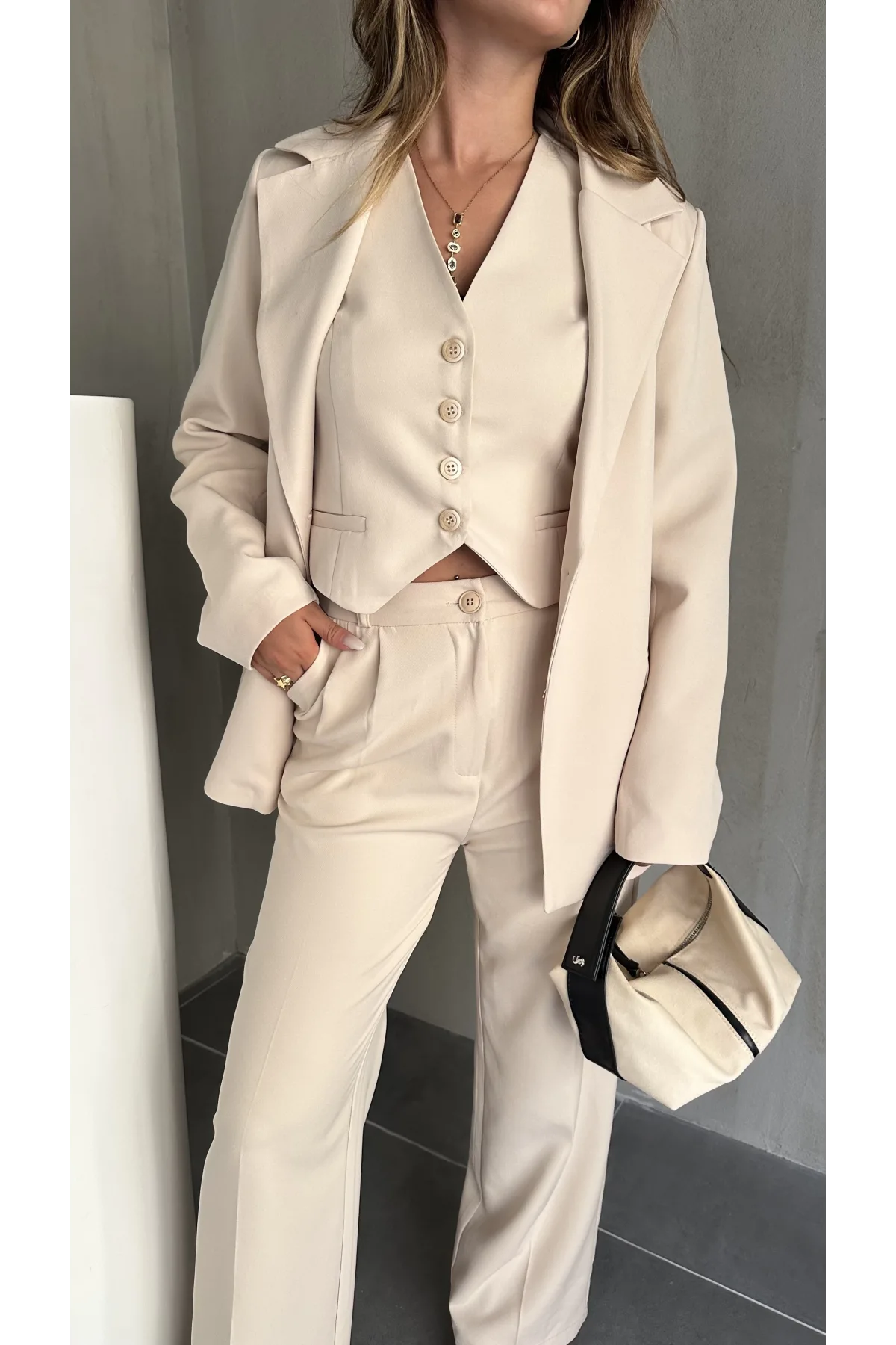 Krem Double Yelek-Pantolon-Blazer Ceket 3lü Set Takım
