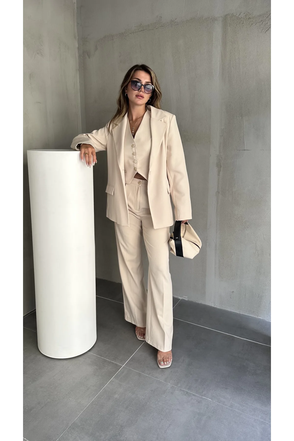 Krem Double Yelek-Pantolon-Blazer Ceket 3lü Set Takım