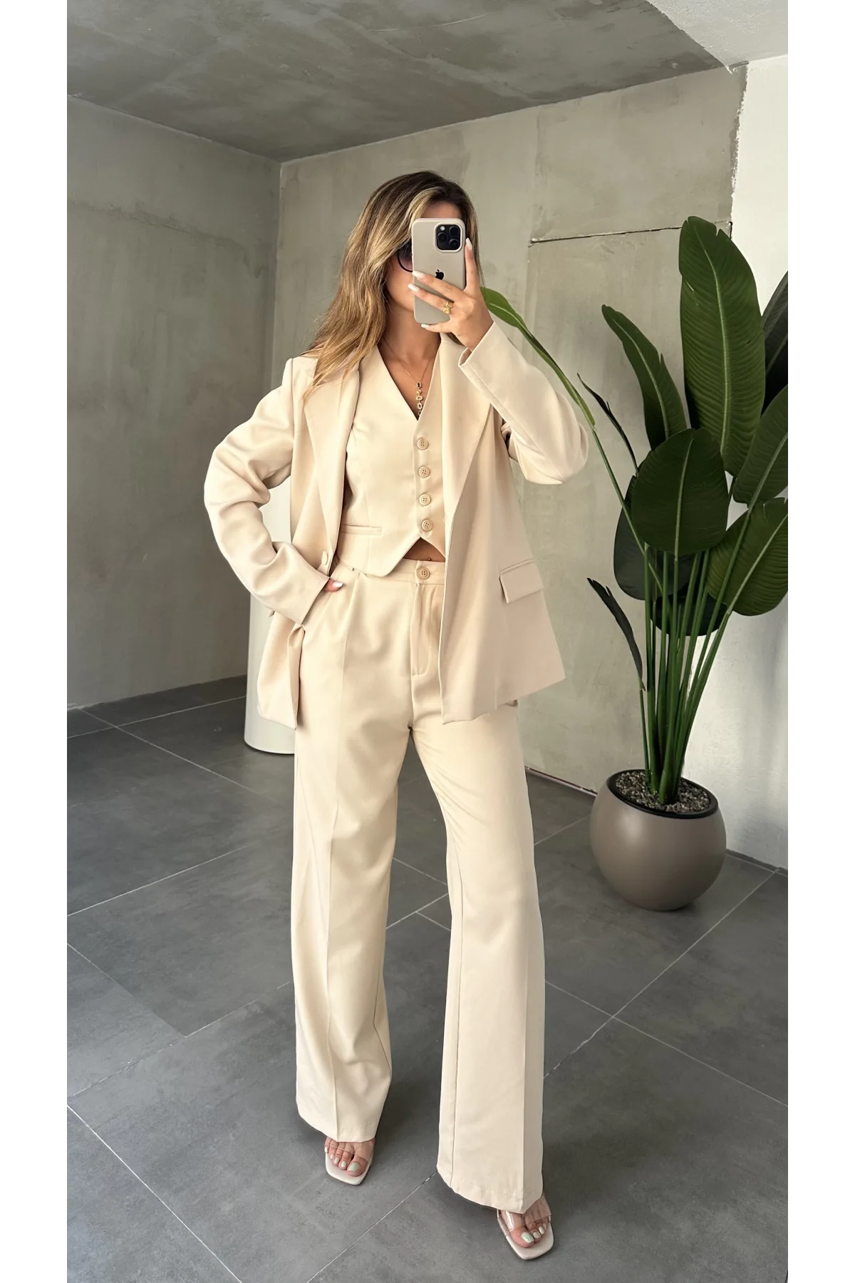 Krem Double Yelek-Pantolon-Blazer Ceket 3lü Set Takım