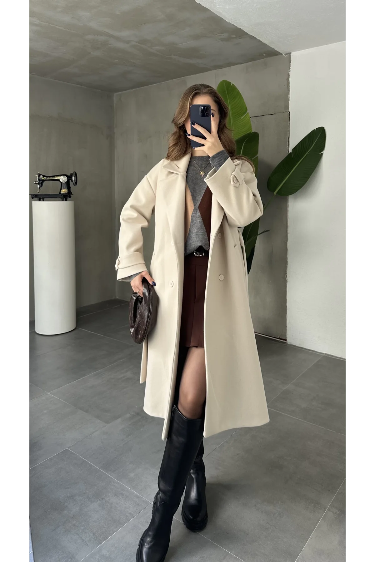 Krem Kruvaze Oversize Premium Kalite Kuşaklı Tam Boy Uzun Kaşe Mont