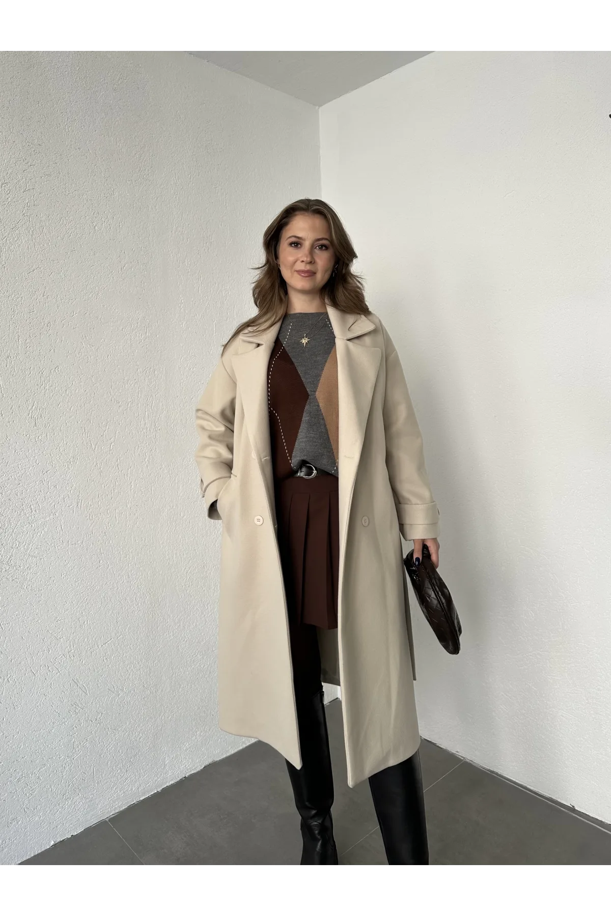 Krem Kruvaze Oversize Premium Kalite Kuşaklı Tam Boy Uzun Kaşe Mont