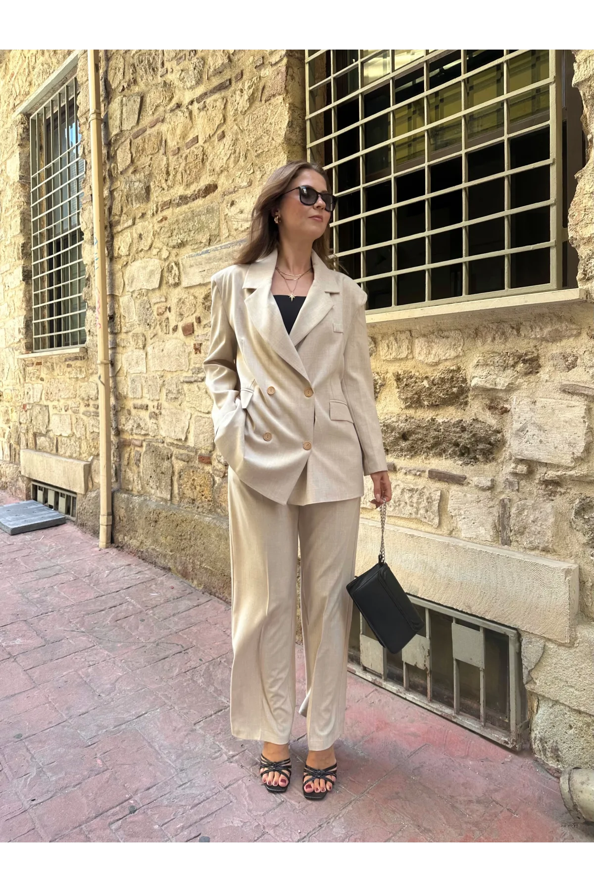 Krem Oversize Kruvaze Ceket Tam Kalıp Palazzo Pantolon Viskon Premium İkili Takım